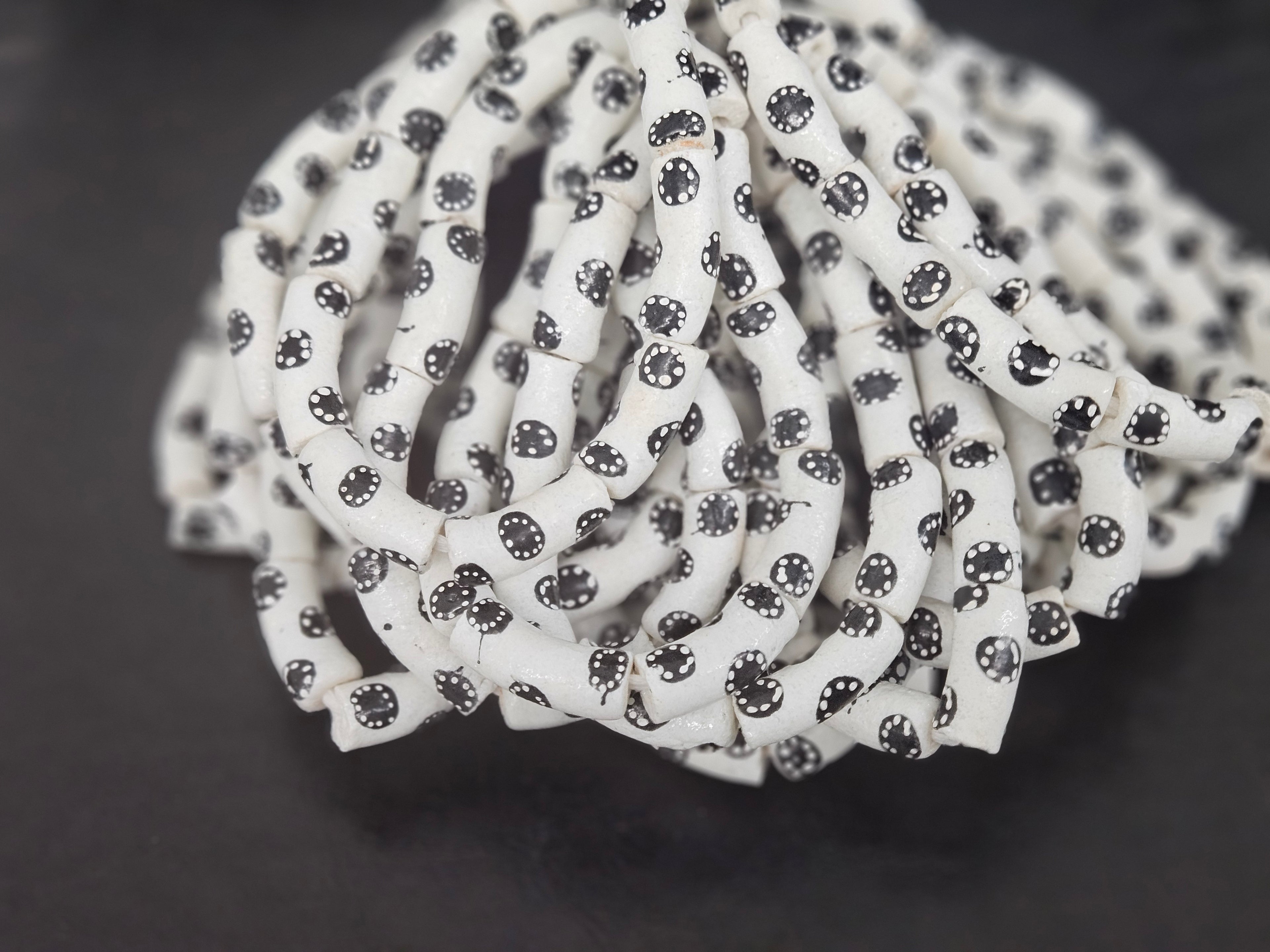 Ivory White Krobo Painted Glass Tube Beads with Ebony Black Medallion Motifs