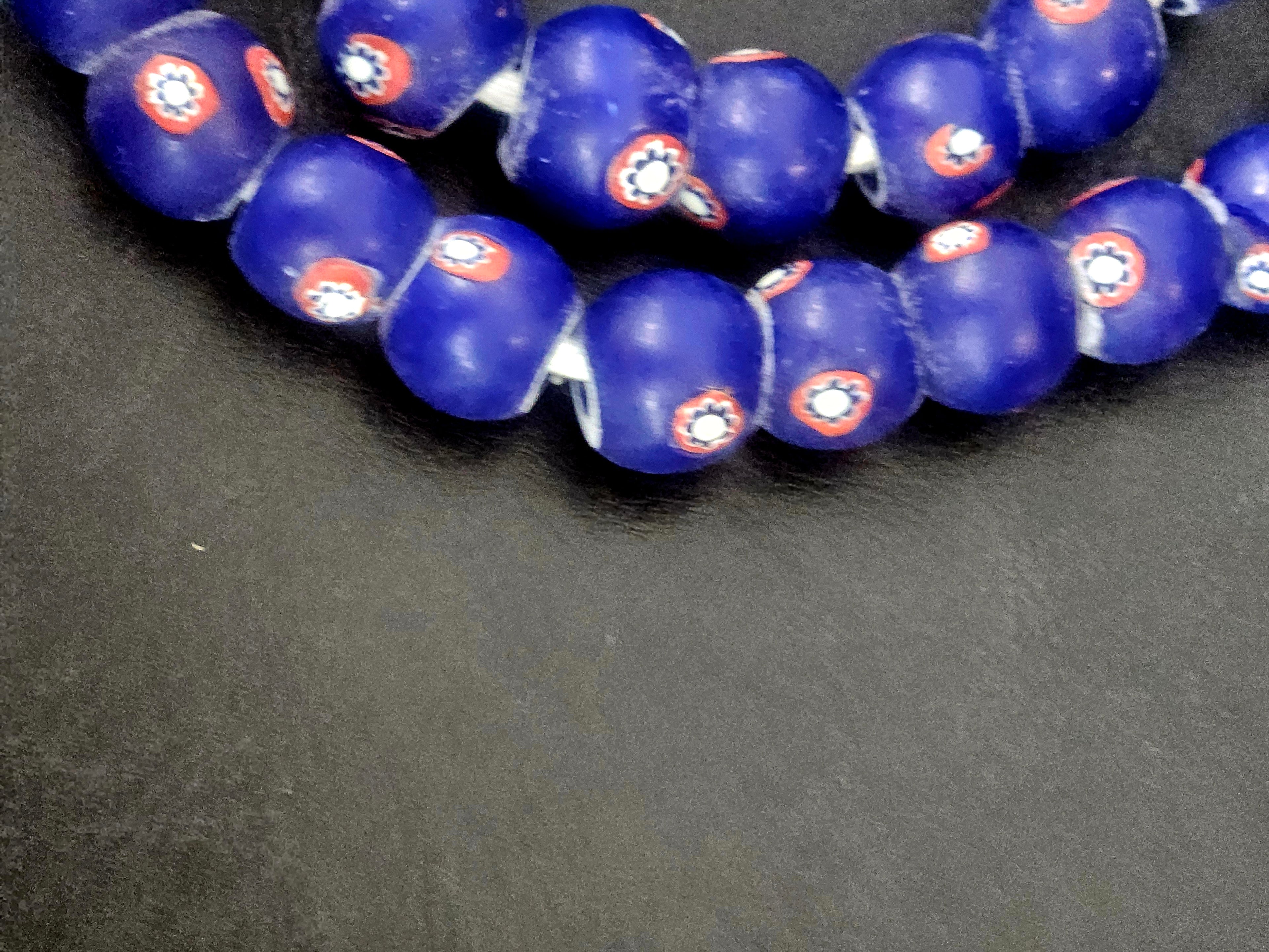 Royal Blue Floral Eye African Trade Beads Sourced in Ghana | Large-Hole Recycled Glass Trade Beads | 15–16mm Designer & Collector Strand