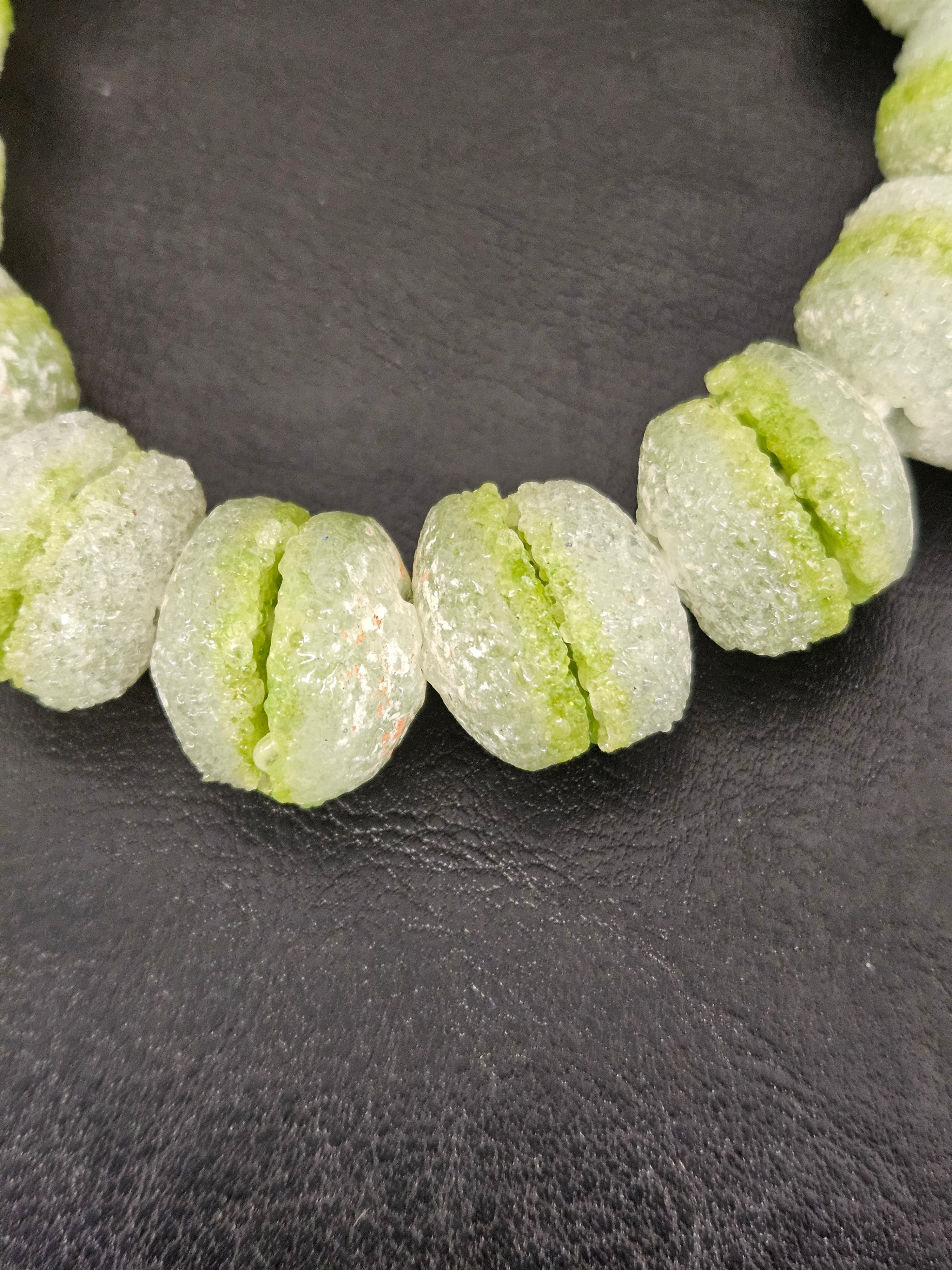Lime Green & White Krobo Sugar Glass Rondelle Beads | Handcrafted Recycled Glass Beads from Ghana | Approx. 30 Beads Per Strand