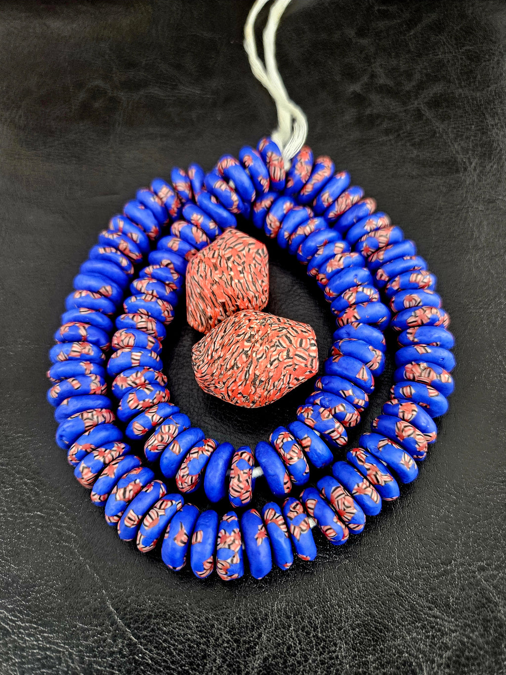 African Glass Bead Bundle – Cobalt Krobo Fused Rondelles + 2 Focal Beads