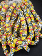 Olive Green Krobo Painted Glass Tube Beads with Golden Yellow Medallions & Terracotta Geometric Motifs