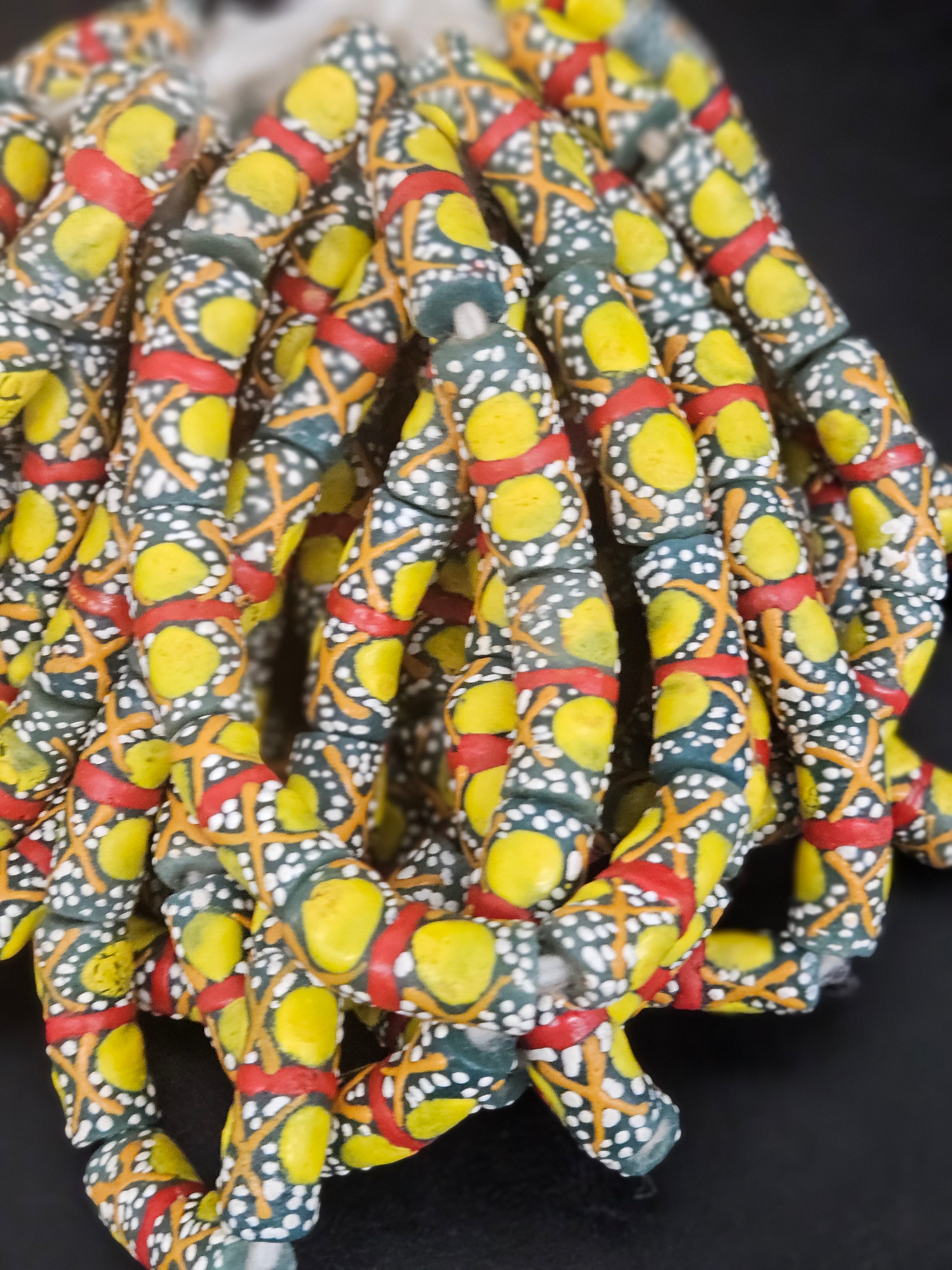 Olive Green Krobo Painted Glass Tube Beads with Golden Yellow Medallions & Terracotta Geometric Motifs