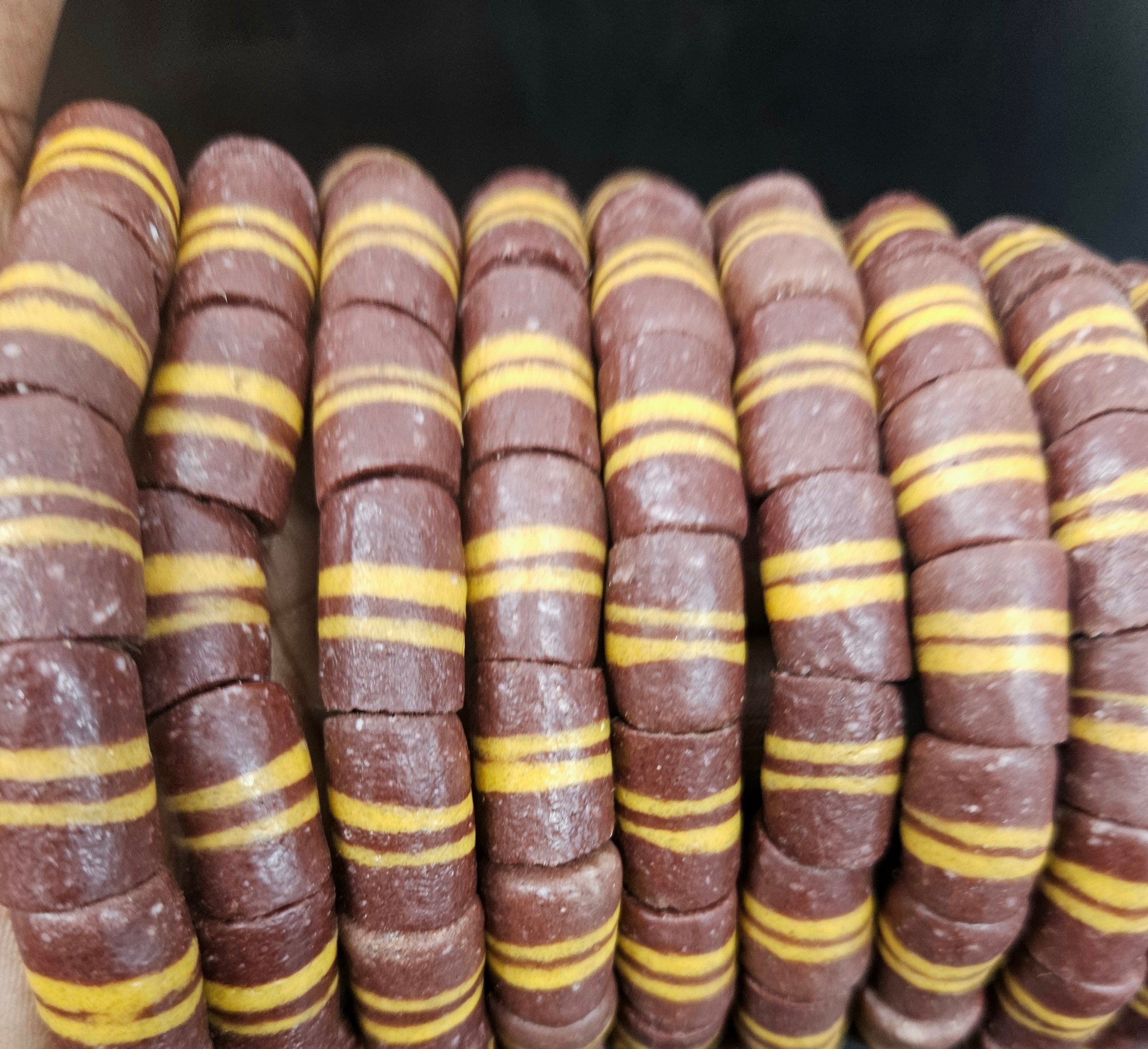 Brown Striped Krobo Kente Glass Beads | Handcrafted Powdered Glass Beads from Ghana | Approx. 17 Beads