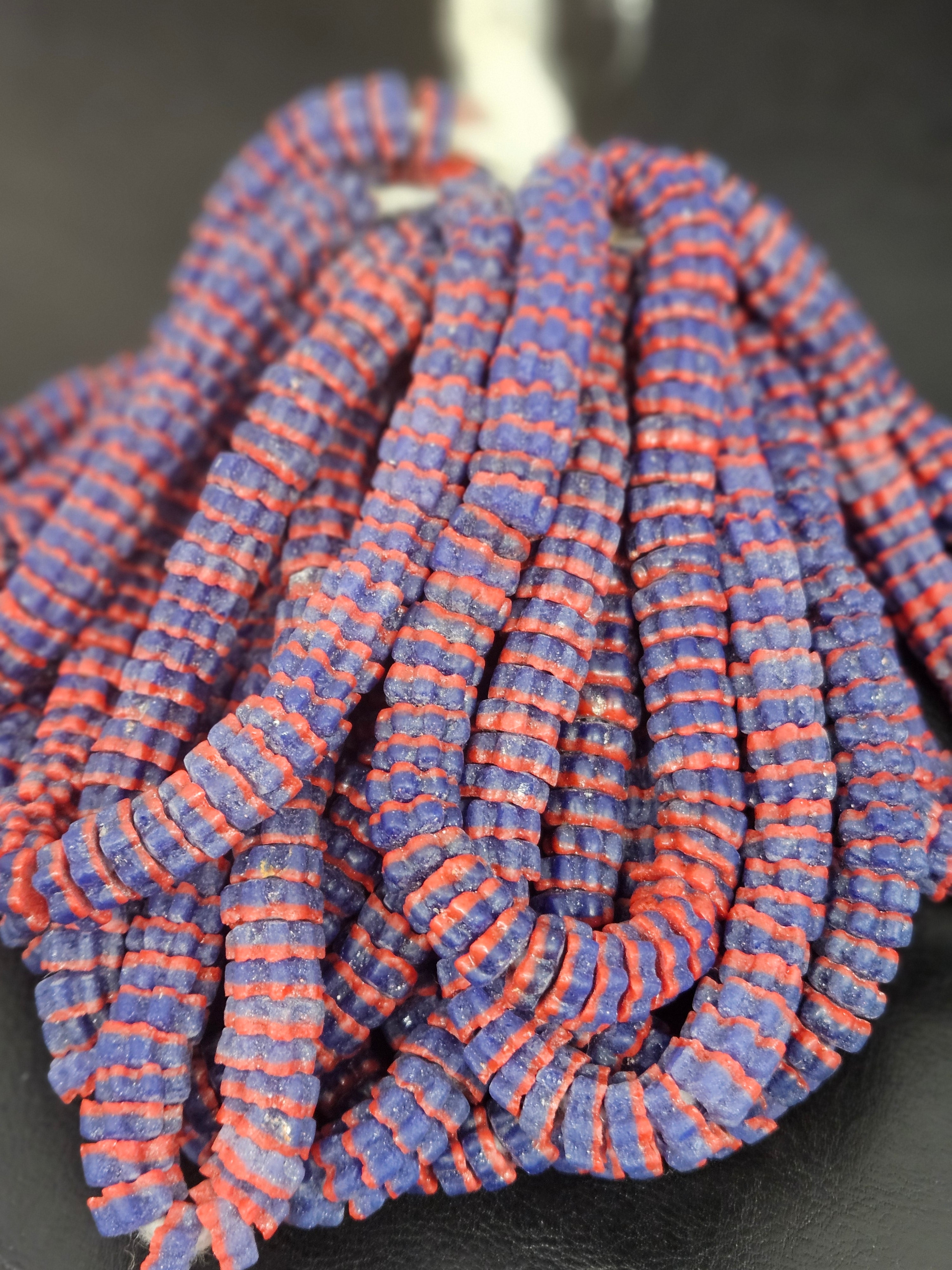 Royal Blue & Coral Krobo Glass Spacer Beads | Handcrafted Recycled Glass Beads from Ghana