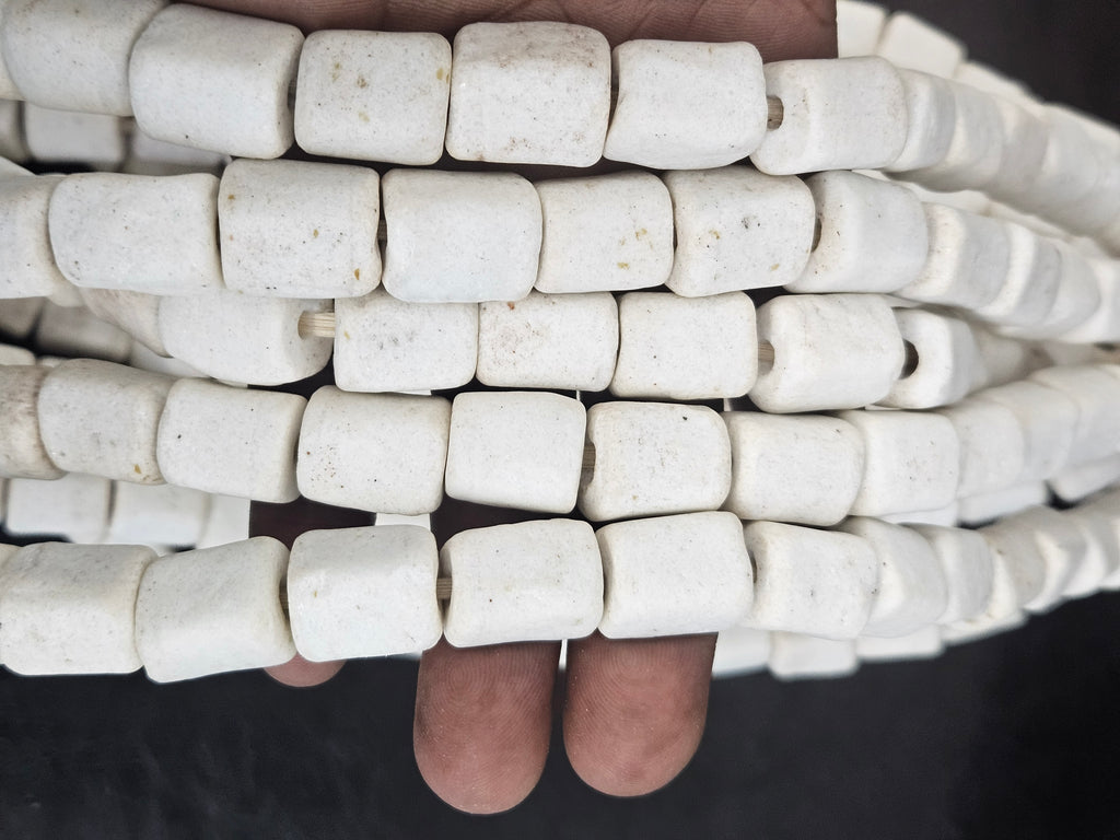 Classic Ivory Cube Tube Krobo Powdered Glass Beads | Handmade Recycled Glass Beads from Ghana | 30–32 Beads