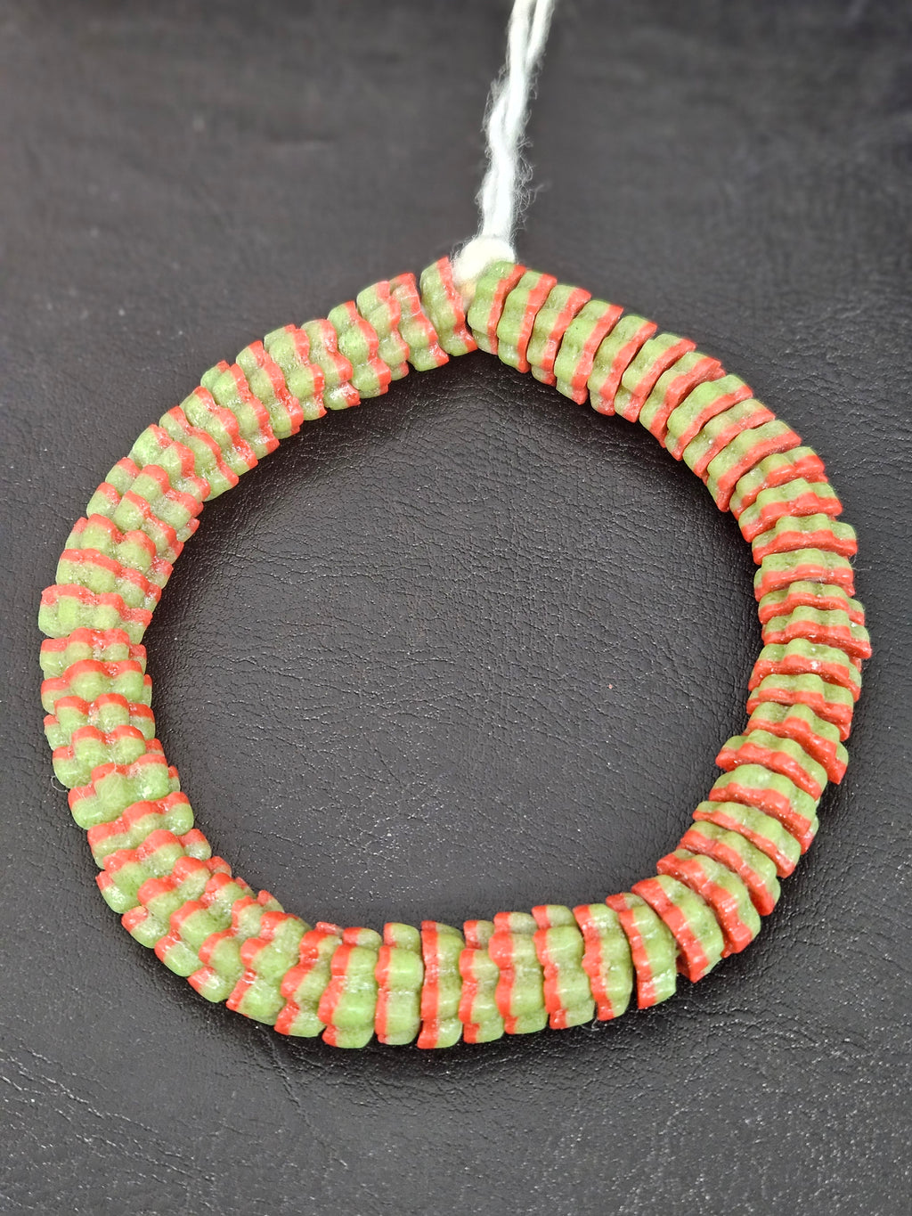 Striped Krobo Glass Spacer Beads – Green & Coral Red | Handmade Recycled Glass Beads | Ghana Artisan Craft