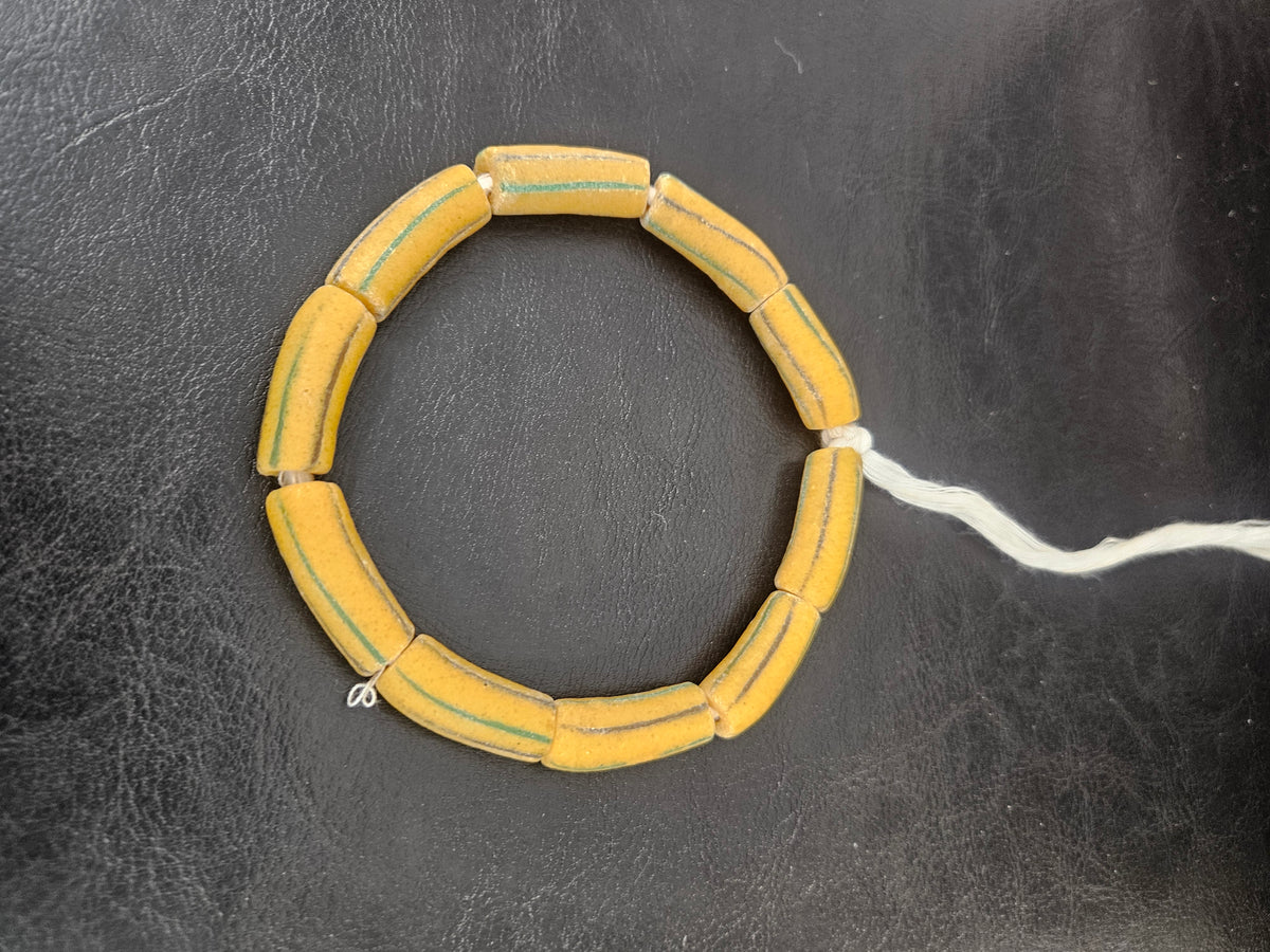 African Glass Beads – Painted Krobo Long Tubes, Mustard & Green Handmade Beads