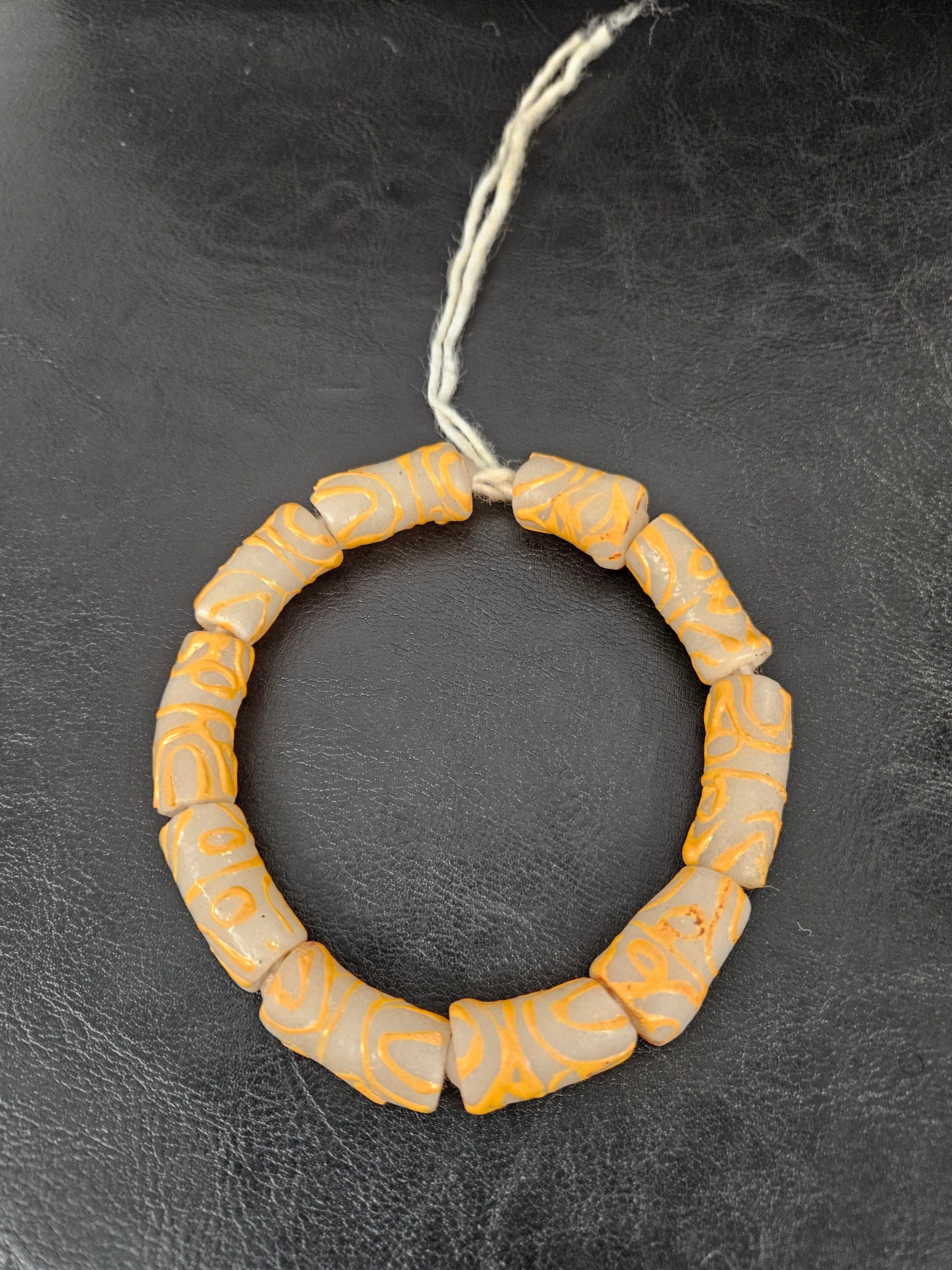 African Glass Beads – Painted Krobo Long Tubes, Frosty White & Gold Beads