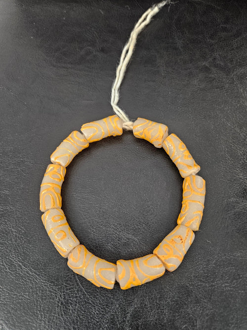 African Glass Beads – Painted Krobo Long Tubes, Frosty White & Gold Beads