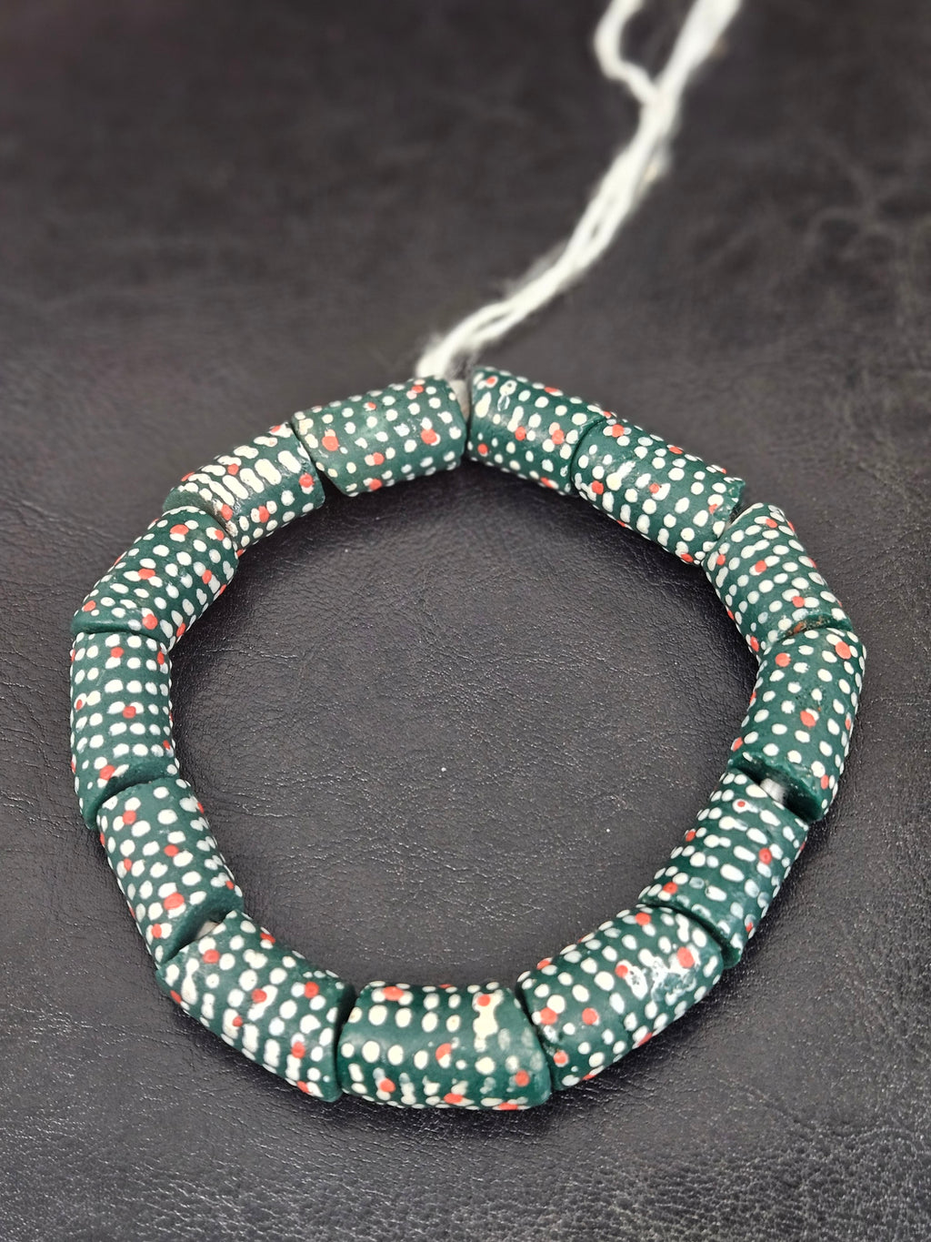 Painted Krobo Glass Beads | Green Red & White Polka Dot Long Tube Beads | Handcrafted Ghana Recycled Glass Beads