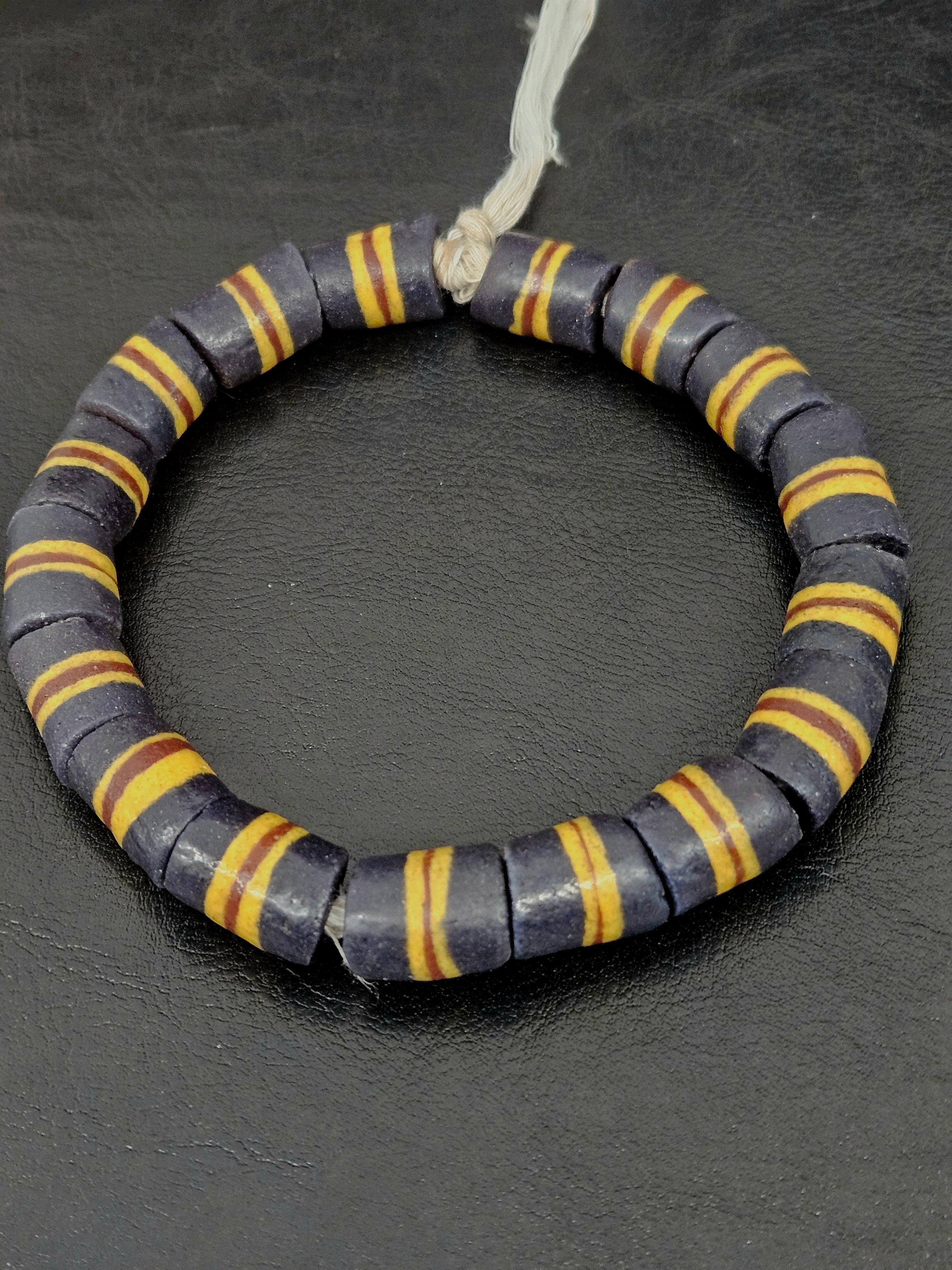 Black Striped Krobo Kente Glass Beads | Handcrafted Powdered Glass Beads from Ghana | Approx. 17 Beads
