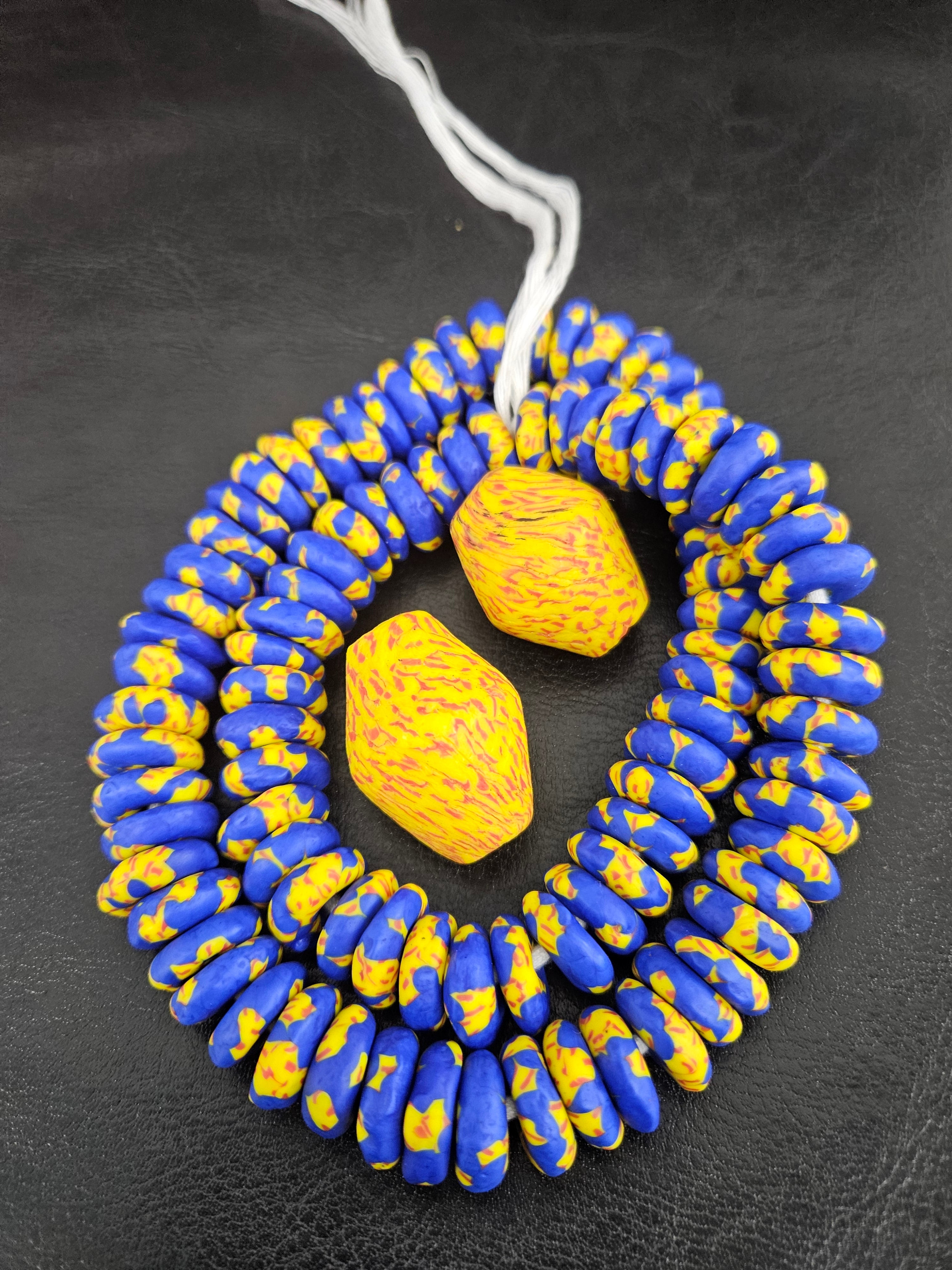 Blue African Beads Bundle – Krobo Glass Rondelles + Yellow Bicone Focals