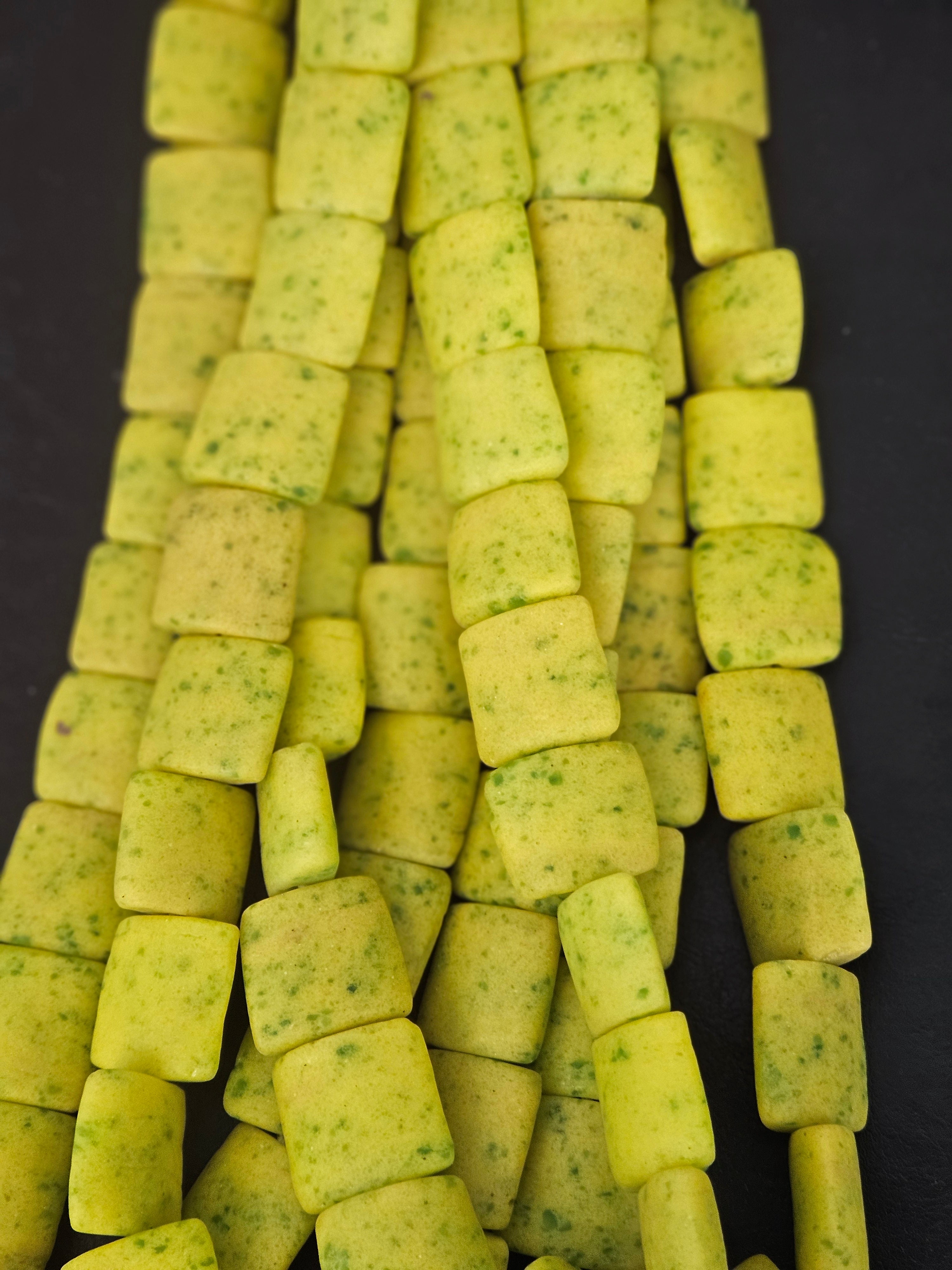 Large Chartreuse Krobo Powdered Glass Pillow Cube Beads | Handmade Recycled Glass Beads from Ghana | 25–26 Beads
