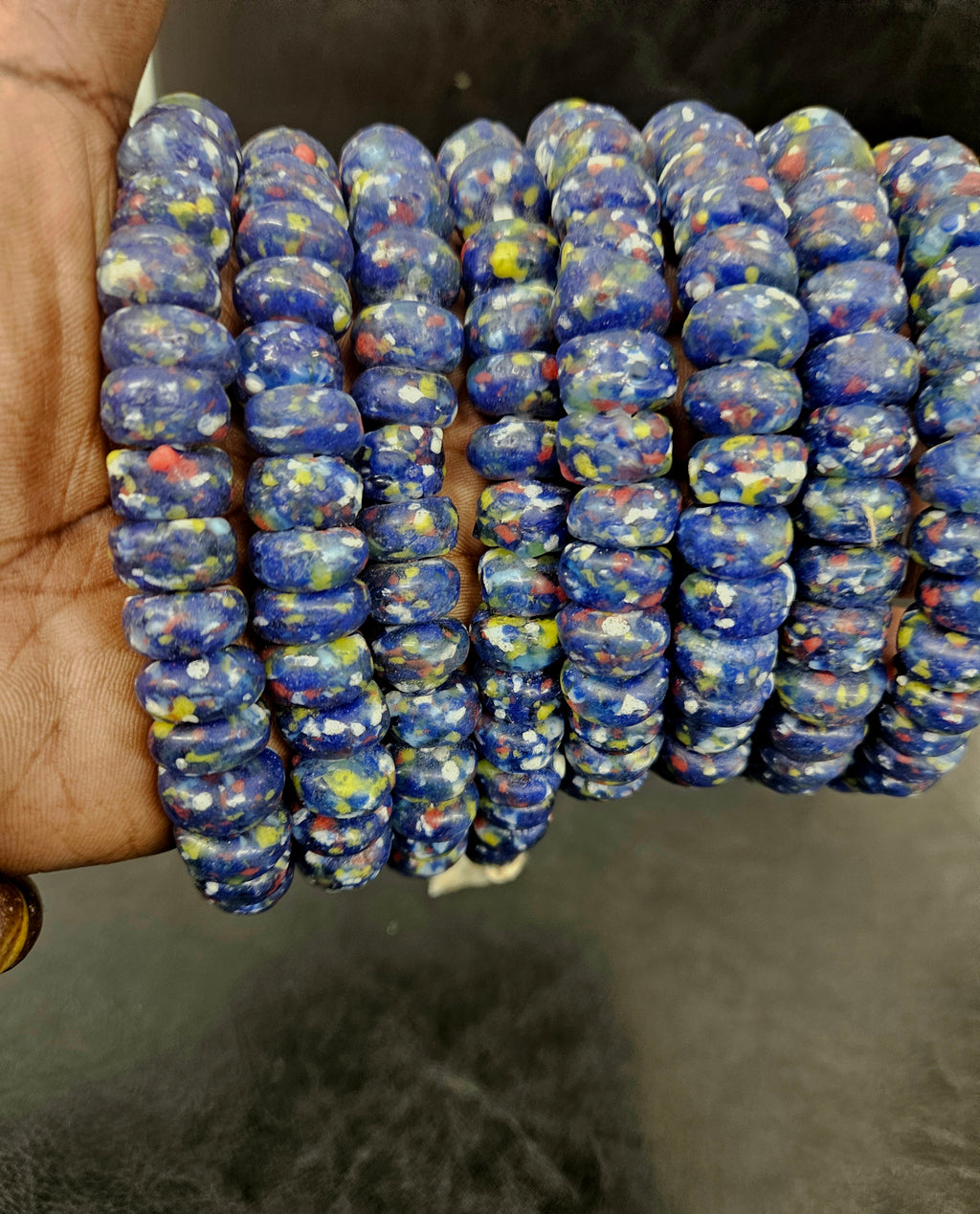 Krobo Powdered Glass Beads – Blue Speckled African Recycled Glass Short Tube Beads (32–33 Beads, 7–9×13–14mm) | Aadampo African Beads