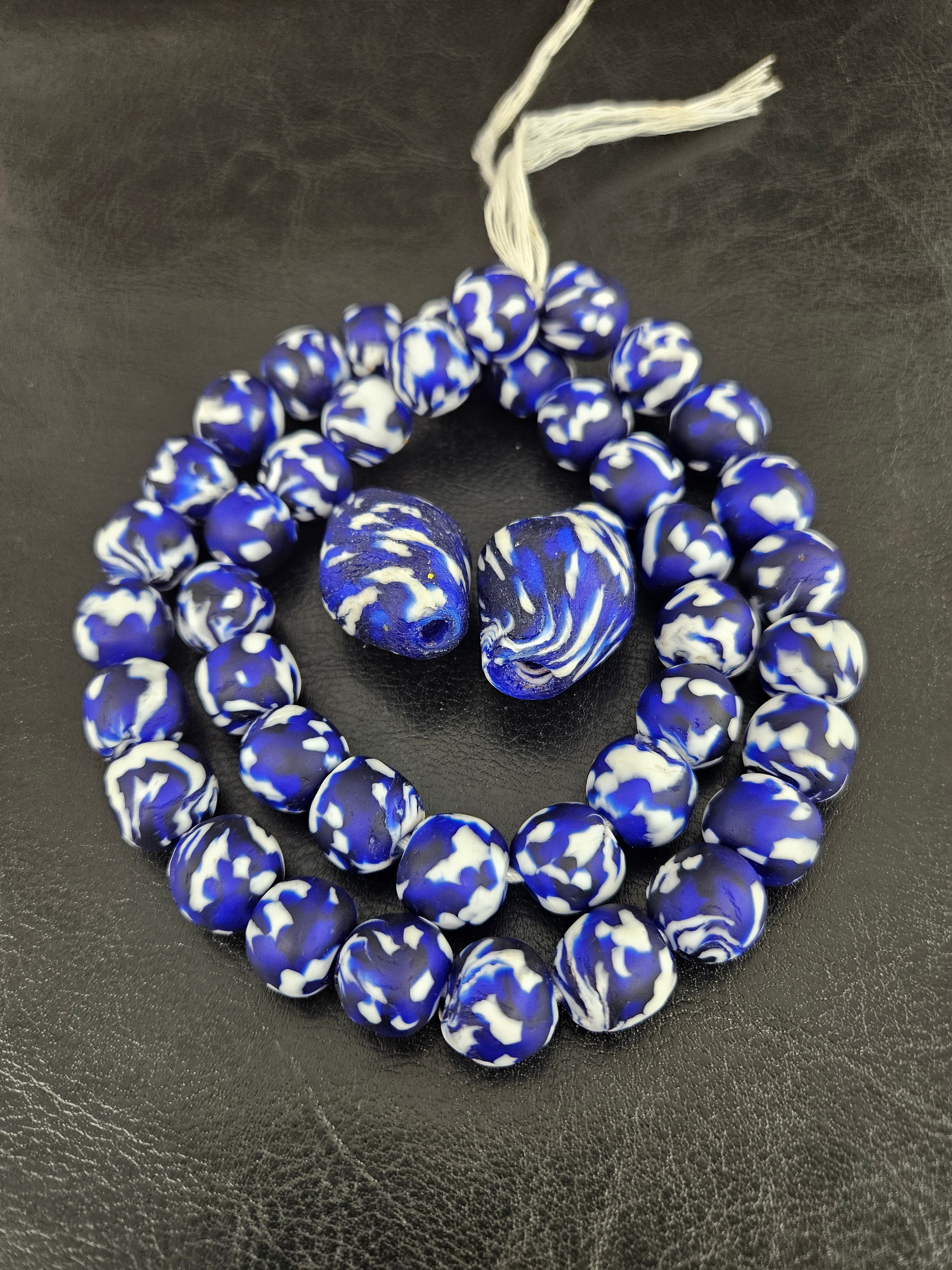African Glass Bead Bundle – Blue & White Krobo Rounds + Focal Beads