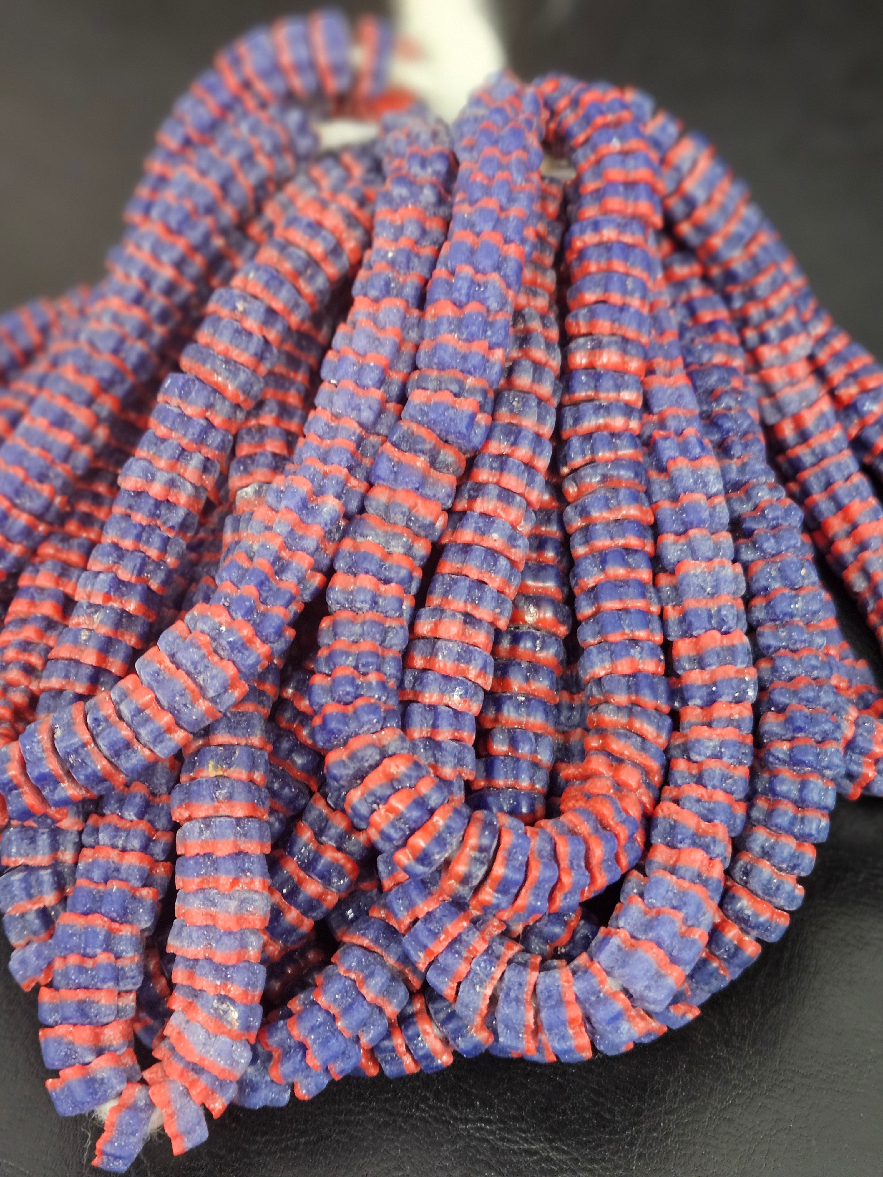 Royal Blue & Coral Krobo Glass Spacer Beads | Handcrafted Recycled Glass Beads from Ghana