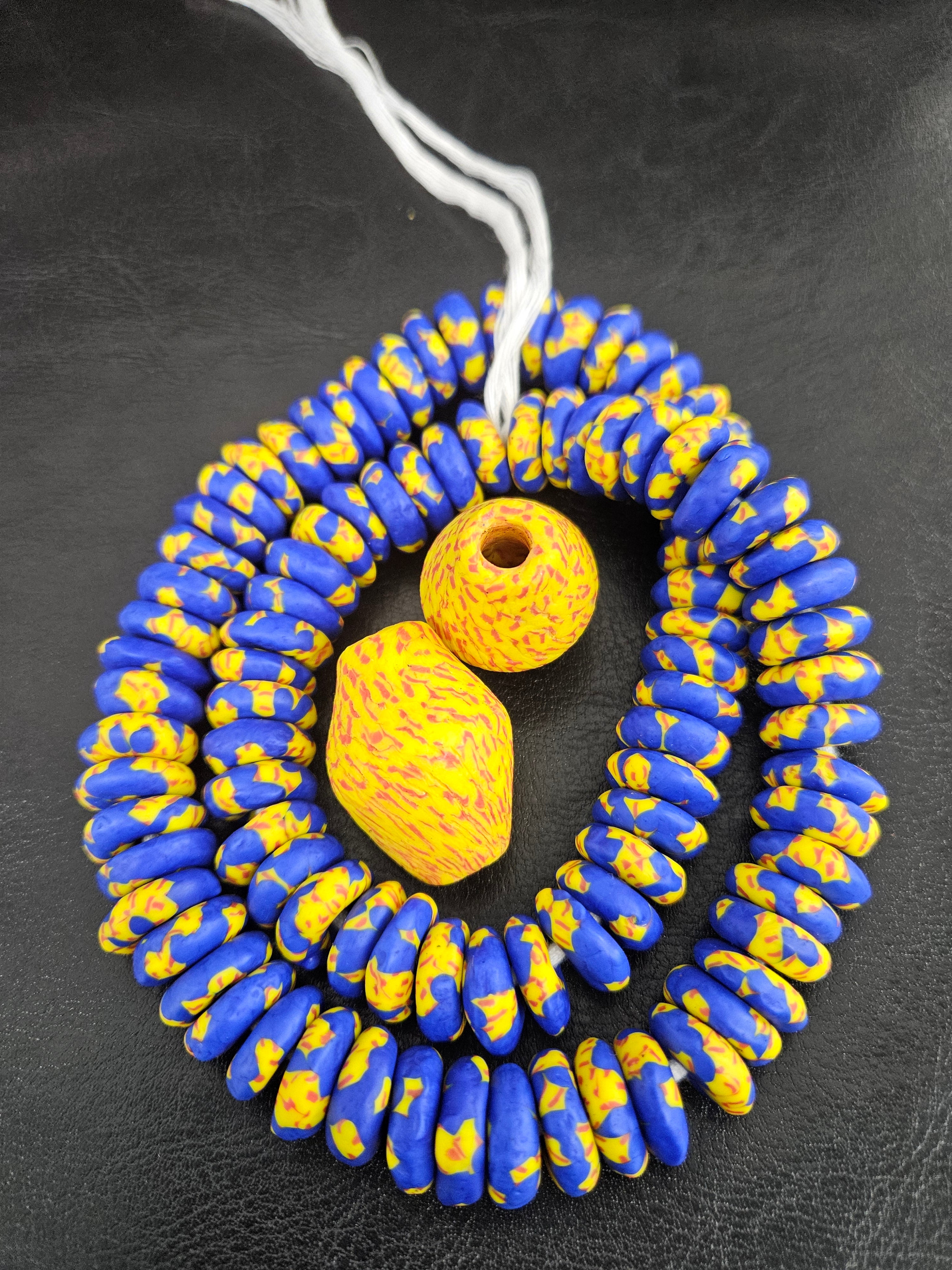Blue African Beads Bundle – Krobo Glass Rondelles + Yellow Bicone Focals
