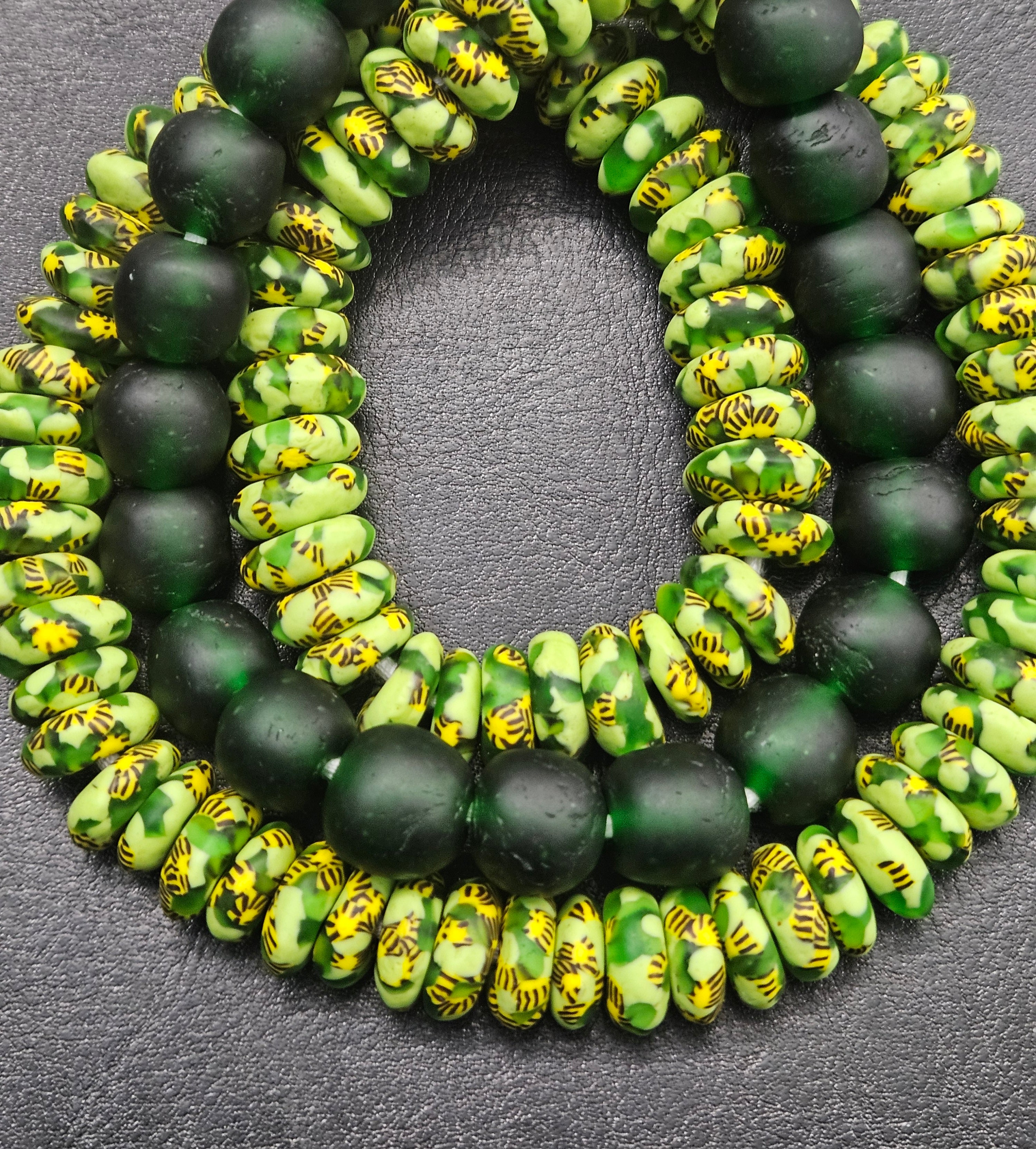 Lime Green Hand-Painted Krobo Rondelle Glass Beads & Emerald Green Pocket Glass Beads | Handmade in Ghana