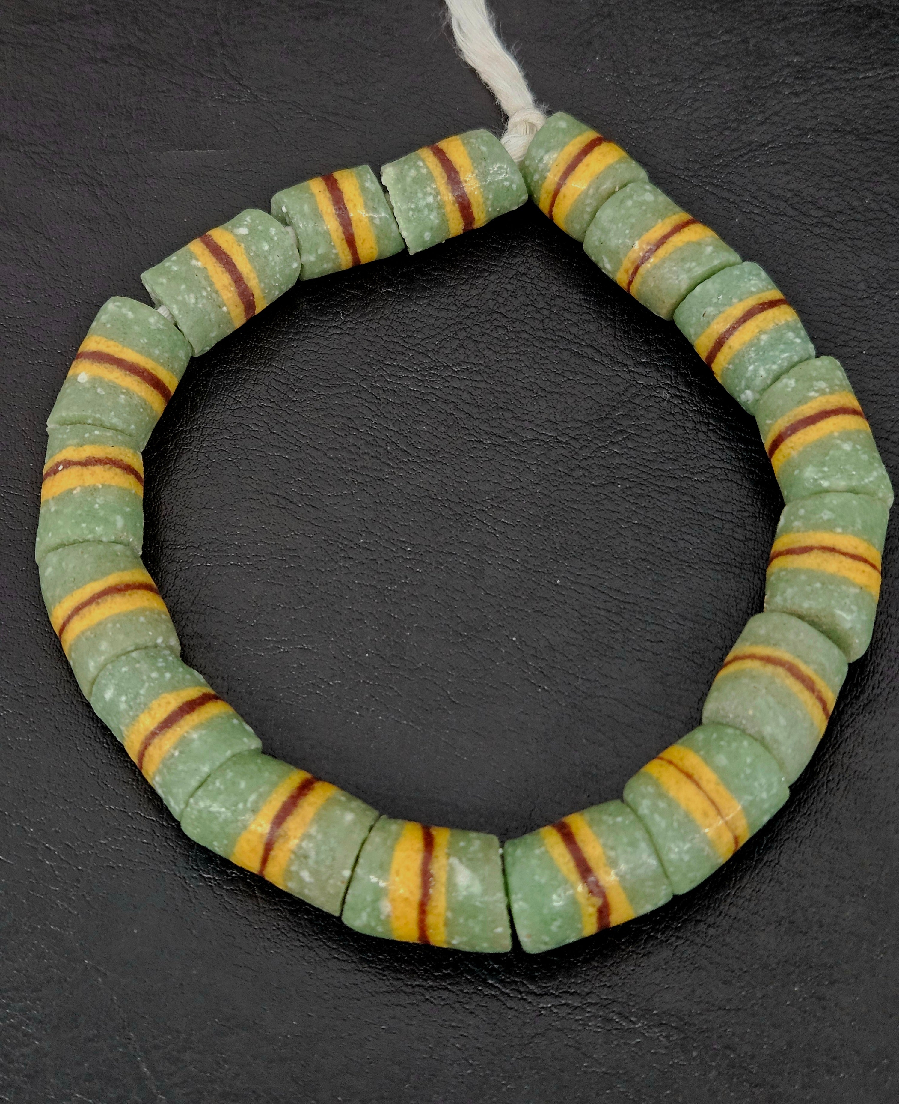 Green Striped Krobo Kente Glass Beads | Handcrafted Powdered Glass Beads from Ghana | Approx. 17 Beads