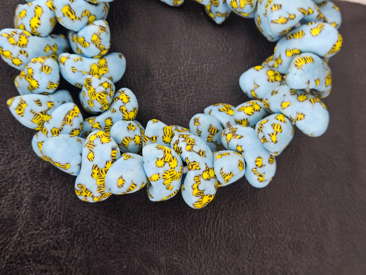 XL Sky Blue, Black & Golden Yellow Canoe-Shaped Krobo Powdered Glass Beads | Handmade Recycled Glass Beads from Ghana | Large Hole African Designer Beads