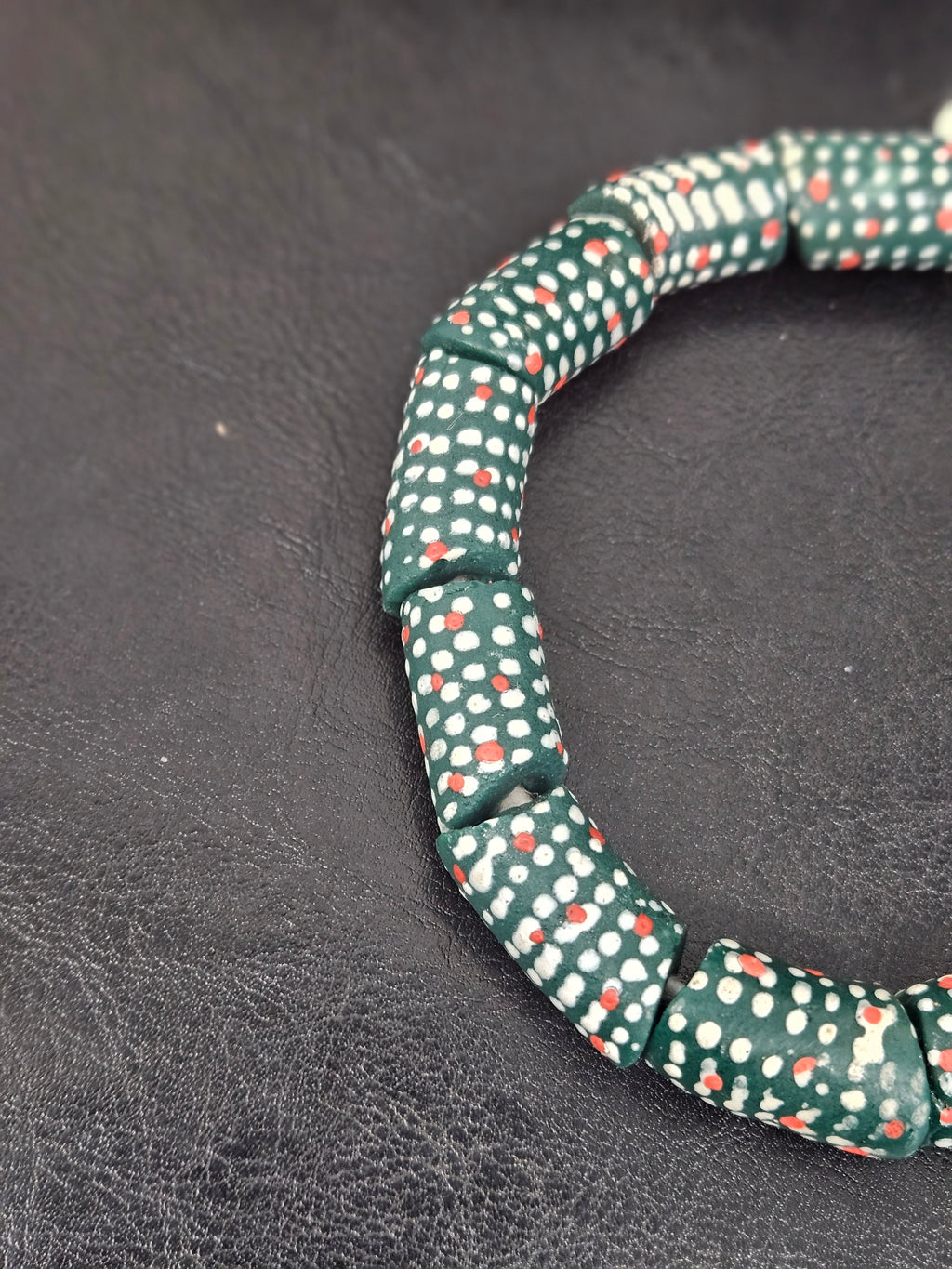 Painted Krobo Glass Beads | Green Red & White Polka Dot Long Tube Beads | Handcrafted Ghana Recycled Glass Beads