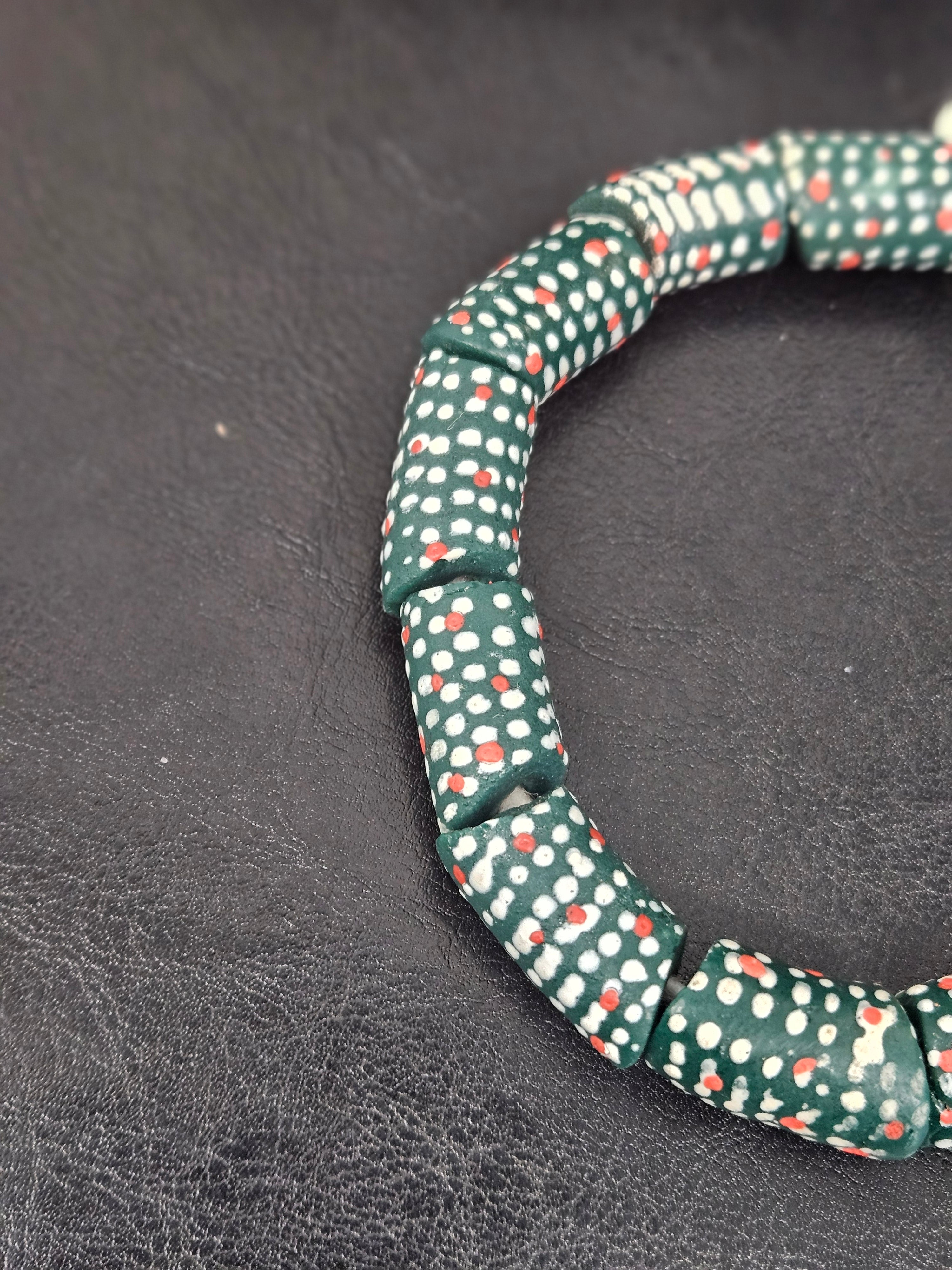 Painted Krobo Glass Beads | Green Red & White Polka Dot Long Tube Beads | Handcrafted Ghana Recycled Glass Beads