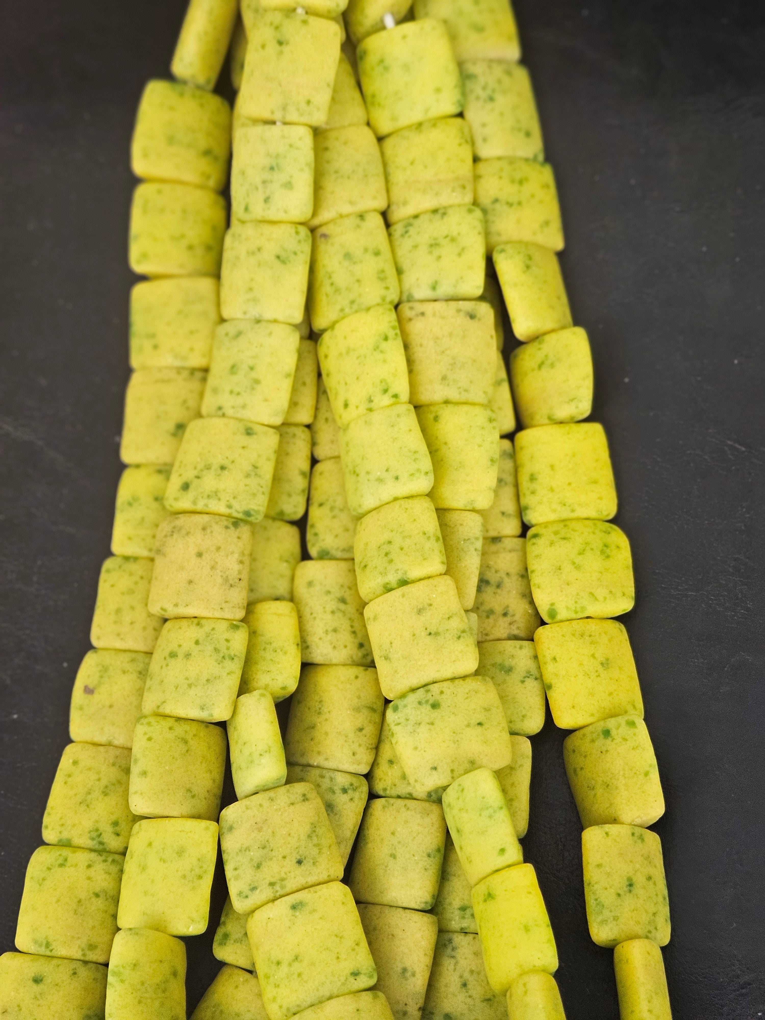 Large Chartreuse Krobo Powdered Glass Pillow Cube Beads | Handmade Recycled Glass Beads from Ghana | 25–26 Beads