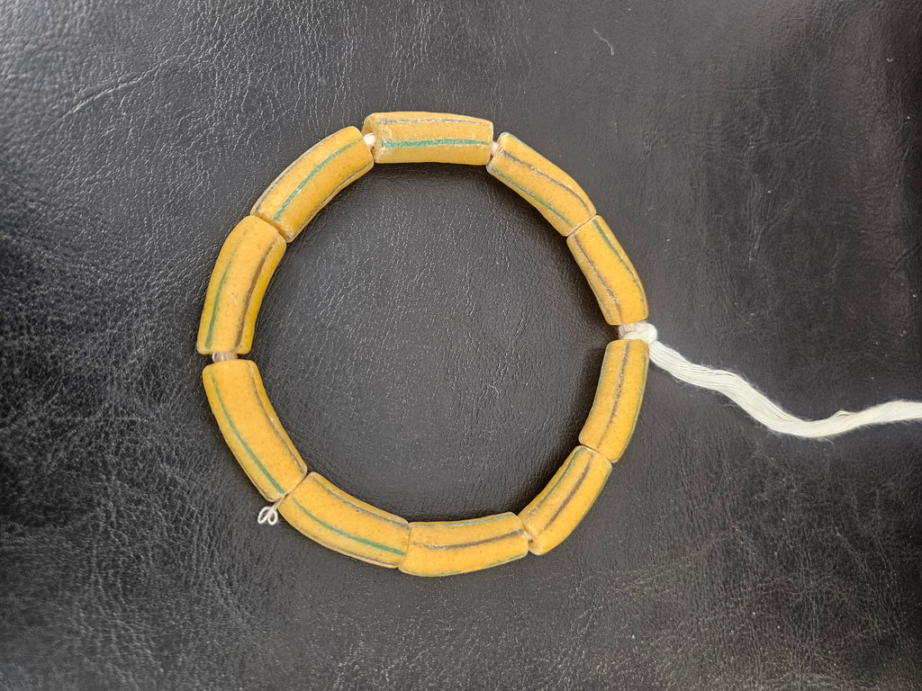 African Glass Beads – Painted Krobo Long Tubes, Mustard & Green Handmade Beads