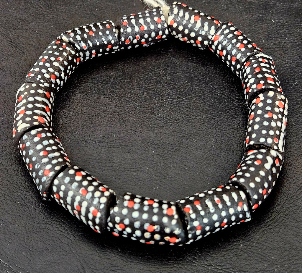 Painted Krobo Glass Beads | Black Red & White Polka Dot Long Tube Beads | Handcrafted Ghana Recycled Glass Beads