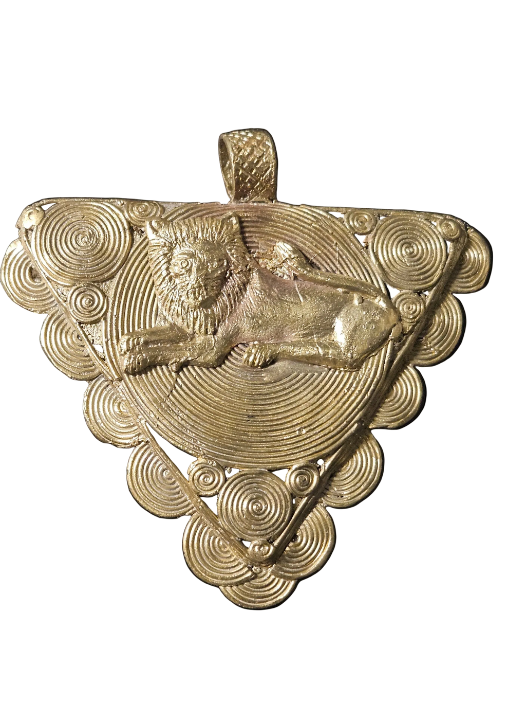 African Brass Lion Pendant with Adinkrahene Symbol – Ghana