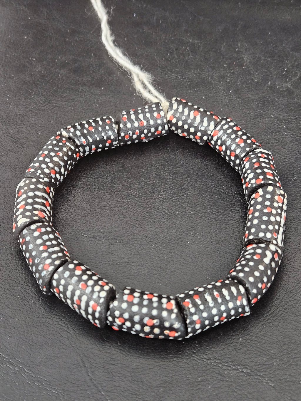 Painted Krobo Glass Beads | Black Red & White Polka Dot Long Tube Beads | Handcrafted Ghana Recycled Glass Beads