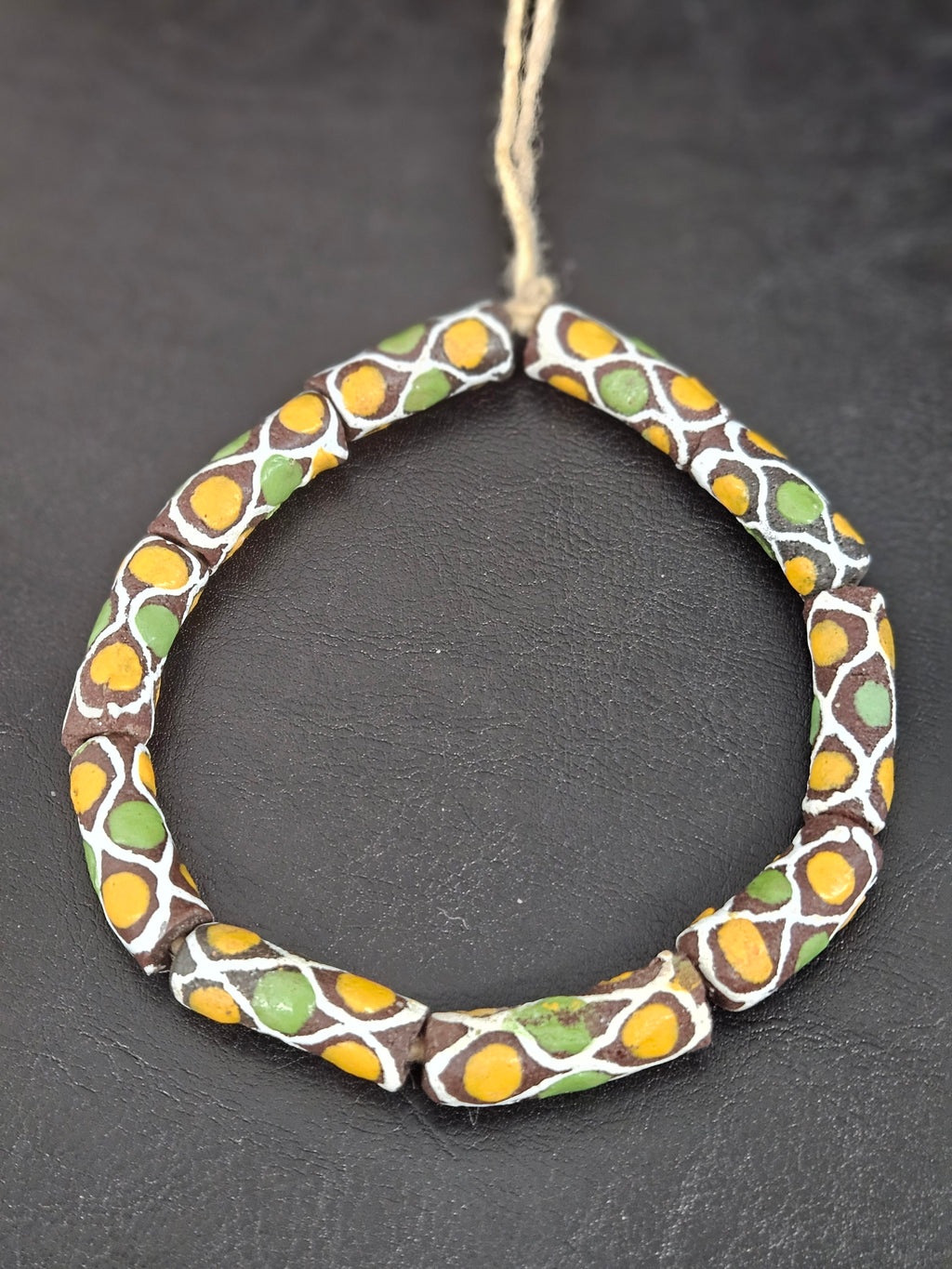 Chocolate Brown Krobo Painted Glass Tube Beads with Golden Yellow & Leaf Green Mosaic Motifs | Handcrafted Recycled Glass from Ghana