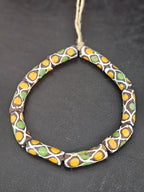 Chocolate Brown Krobo Painted Glass Tube Beads with Golden Yellow & Leaf Green Mosaic Motifs | Handcrafted Recycled Glass from Ghana
