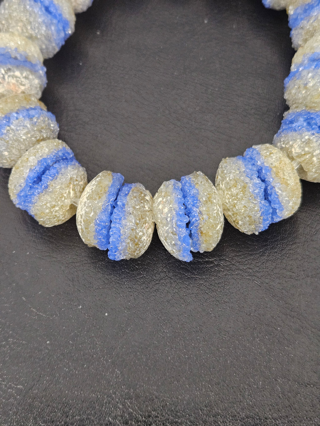 Royal Blue & Ivory Krobo Sugar Glass Rondelle Beads | Handcrafted Recycled Glass Beads from Ghana | Approx. 30 Beads Per Strand
