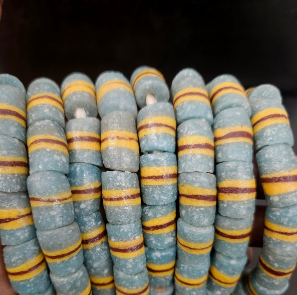 Light Blue Striped Krobo Kente Glass Beads | Handcrafted Powdered Glass Beads from Ghana | Approx. 17 Beads