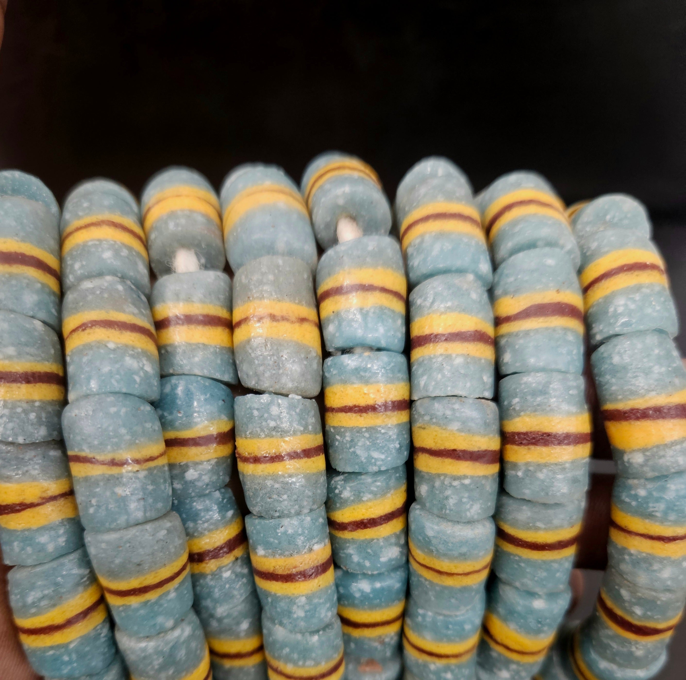 Light Blue Striped Krobo Kente Glass Beads | Handcrafted Powdered Glass Beads from Ghana | Approx. 17 Beads