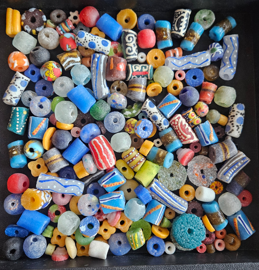 African Krobo Recycled Glass Beads Mix (Indigo + Sky Blue) — 1 Cup, 160+ Handmade Ghana Beads, 1lb | ABM252