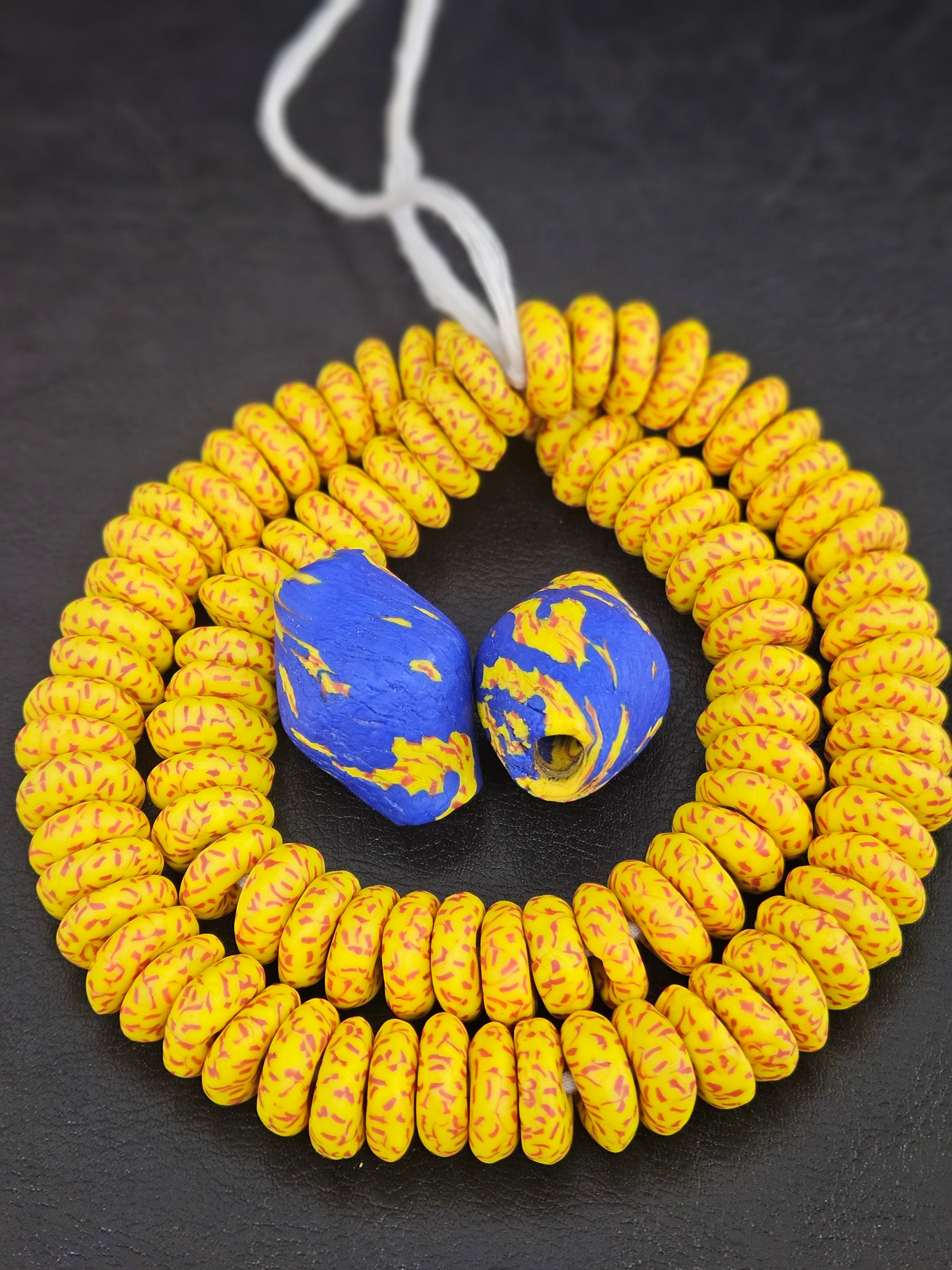 Yellow African Beads Bundle – Krobo Glass Rondelles + Bicone Focals