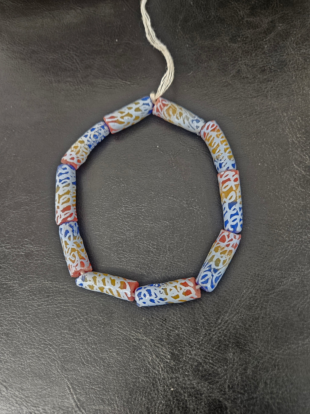 Ivory Multicolor Krobo Painted Glass Long Tube Beads | Handmade African Recycled Glass from Ghana