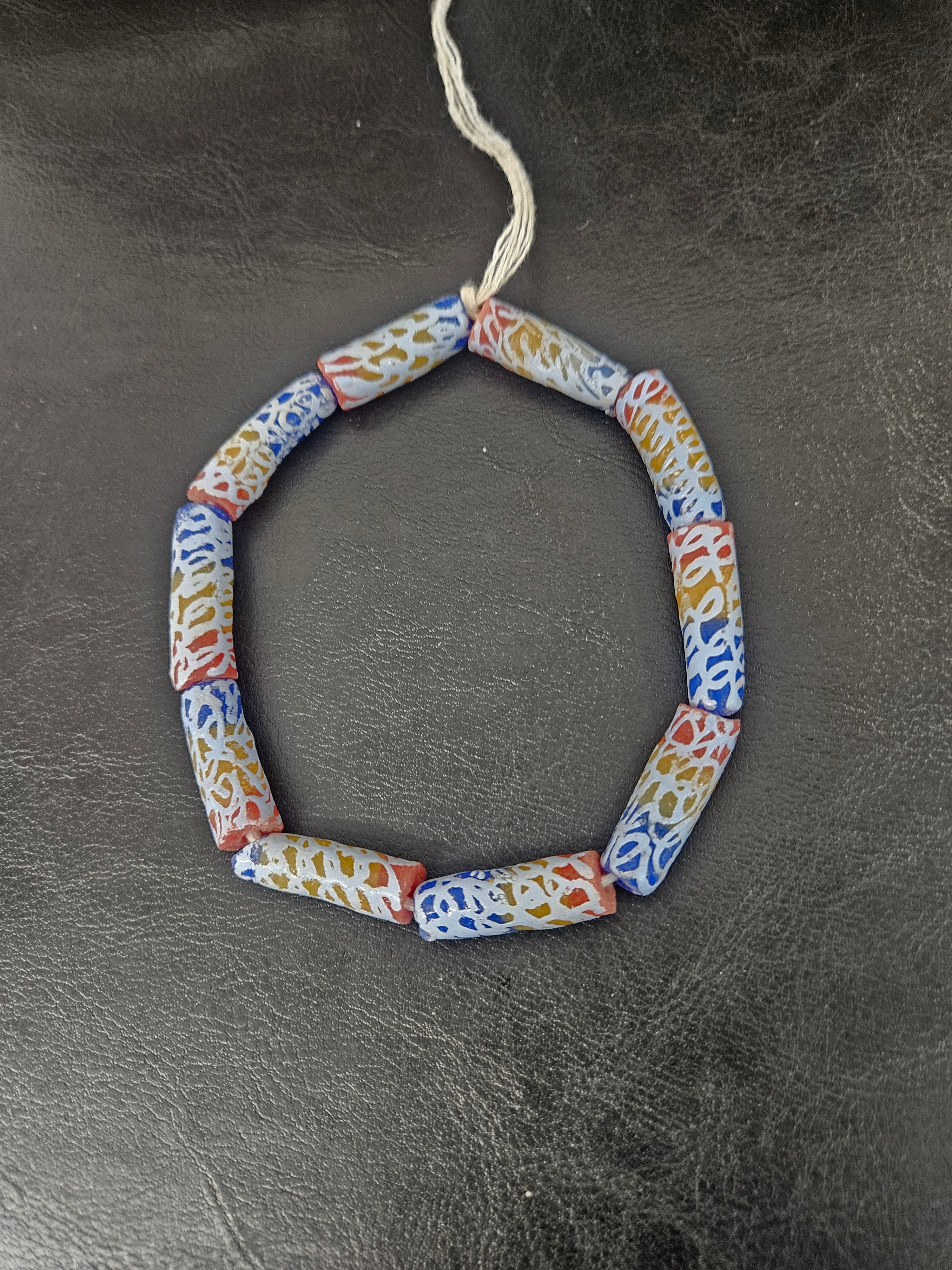 Ivory Multicolor Krobo Painted Glass Long Tube Beads | Handmade African Recycled Glass from Ghana