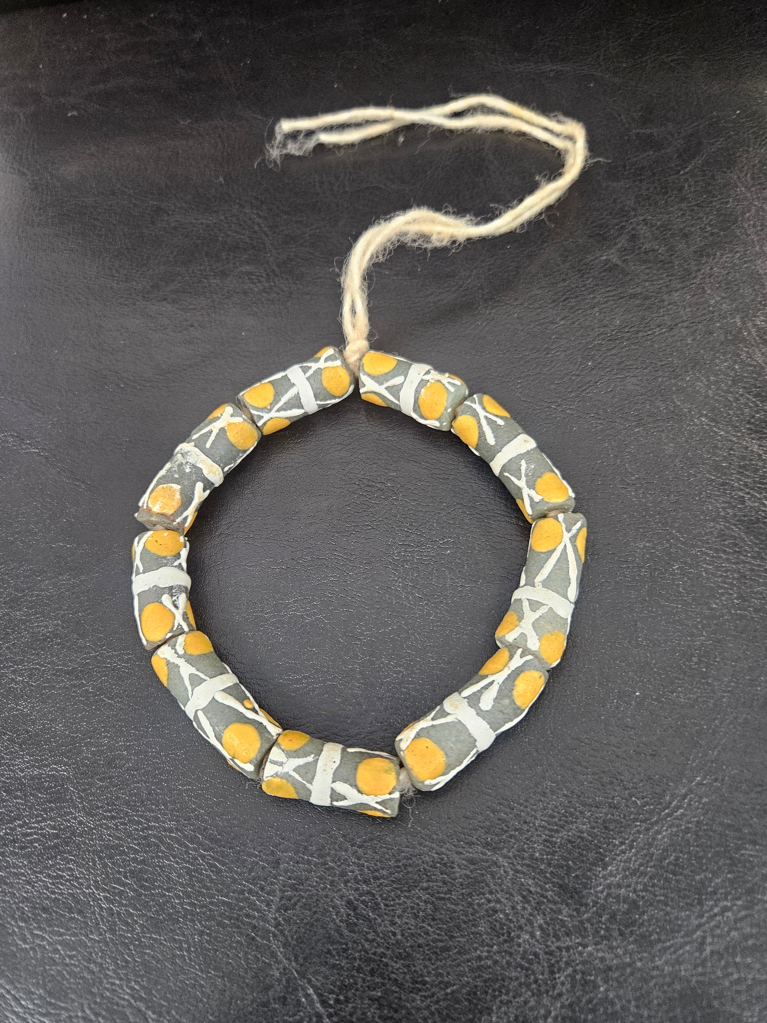 African Glass Beads – Painted Krobo Long Tubes, Green & Gold