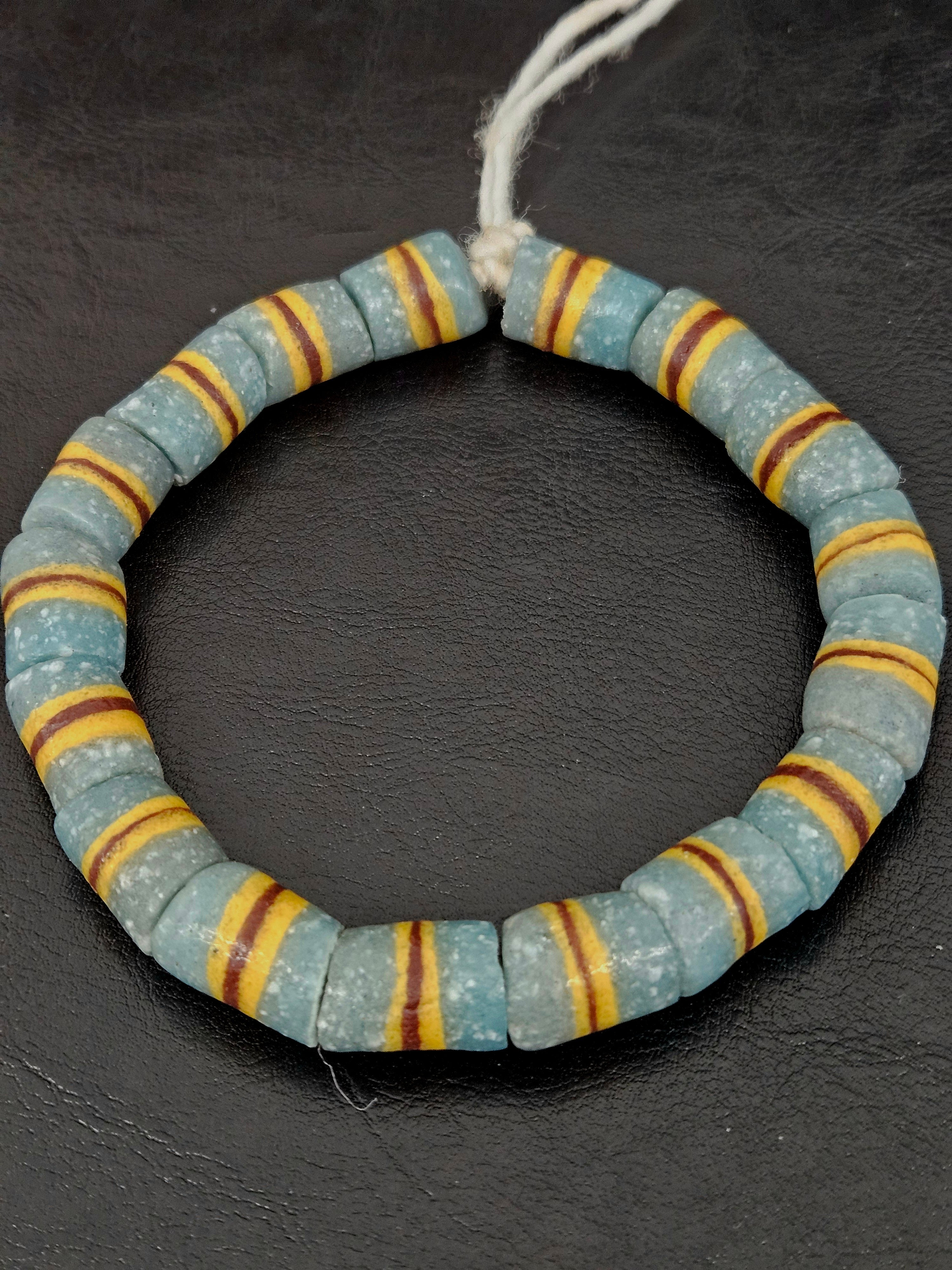 Light Blue Striped Krobo Kente Glass Beads | Handcrafted Powdered Glass Beads from Ghana | Approx. 17 Beads