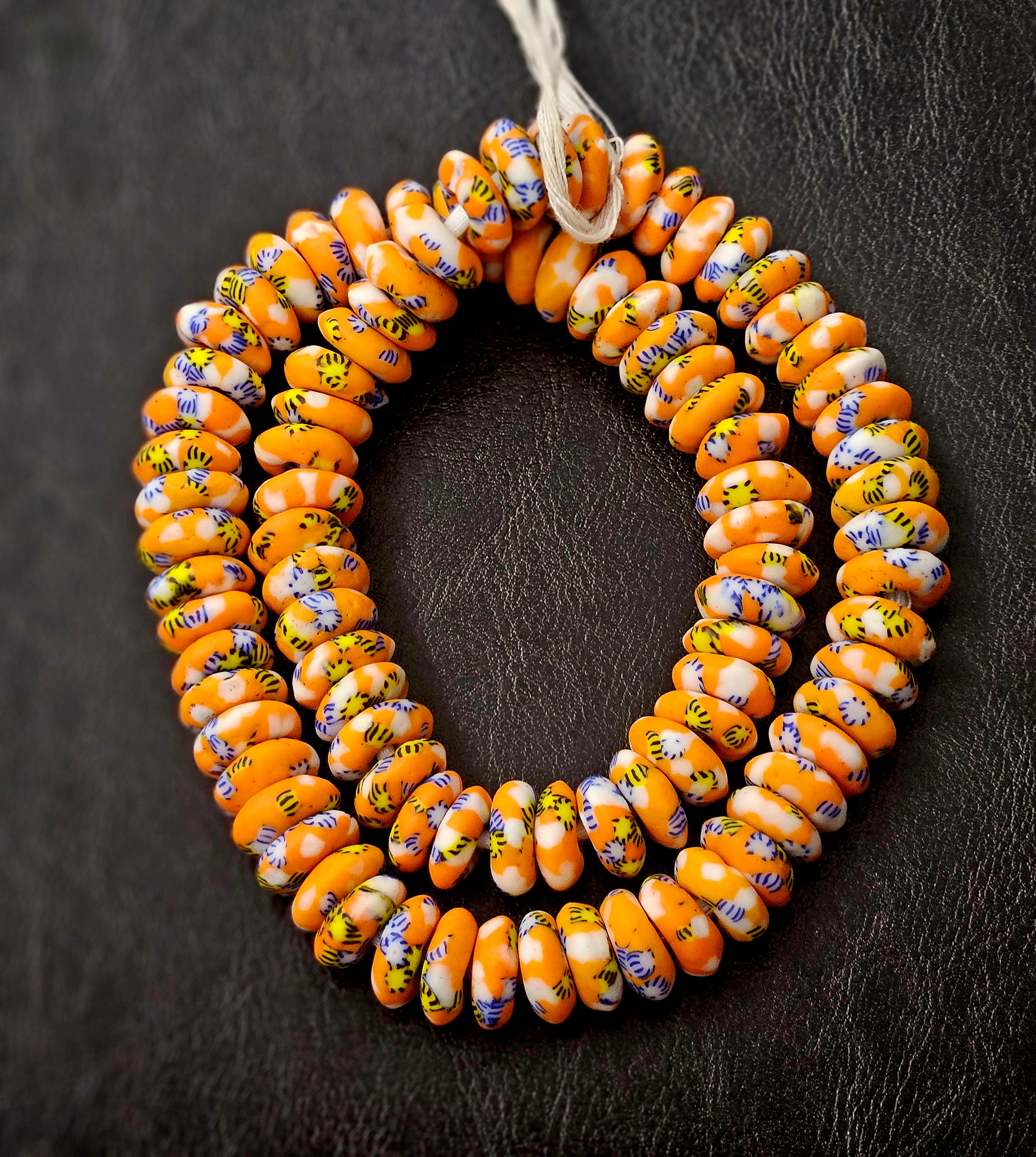 Orange, Blue & Yellow Fused Krobo Rondelle Recycled Glass Beads | 14–16 mm African Trade Beads | Handmade in Ghana