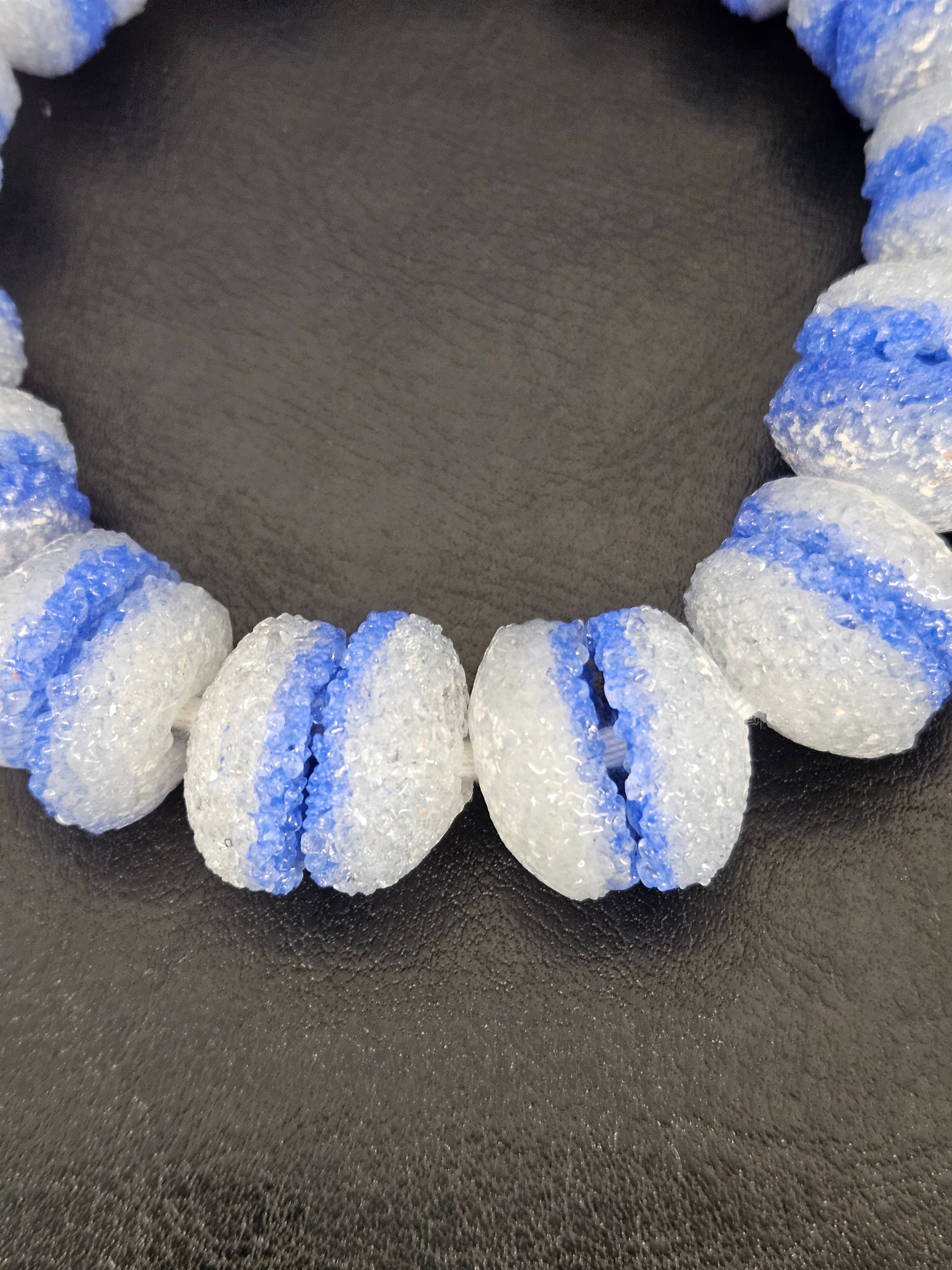 Blue & White Krobo Sugar Glass Rondelle Beads | Handcrafted Recycled Glass Beads from Ghana | Approx. 30 Beads Per Strand