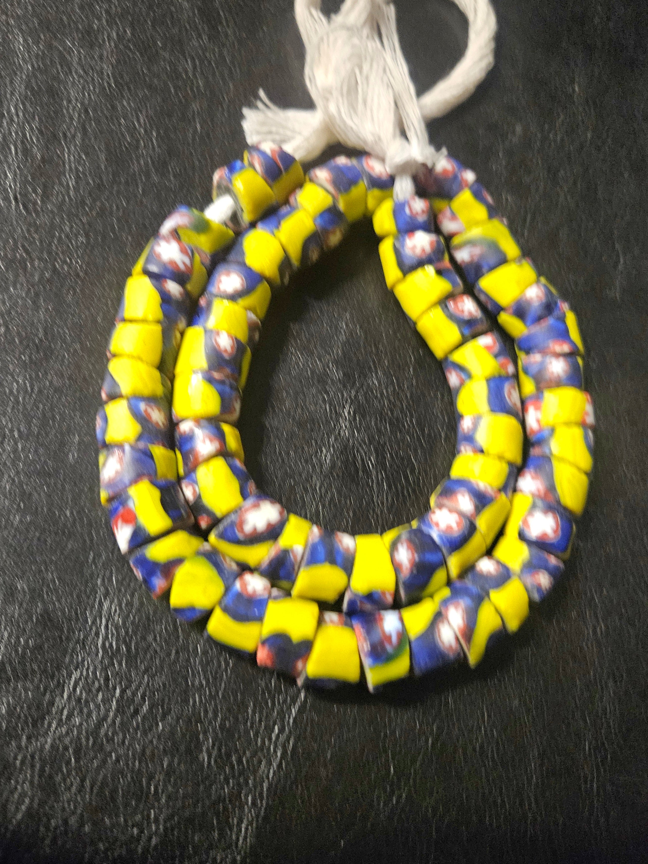 Designer Patterned Trade Beads – Yellow, Blue & Red Motif Strand