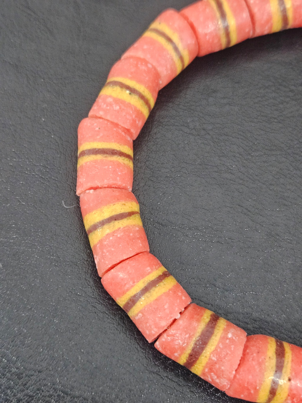 Red Striped Krobo Kente Glass Beads | Handcrafted Powdered Glass Beads from Ghana | Approx. 17 Beads