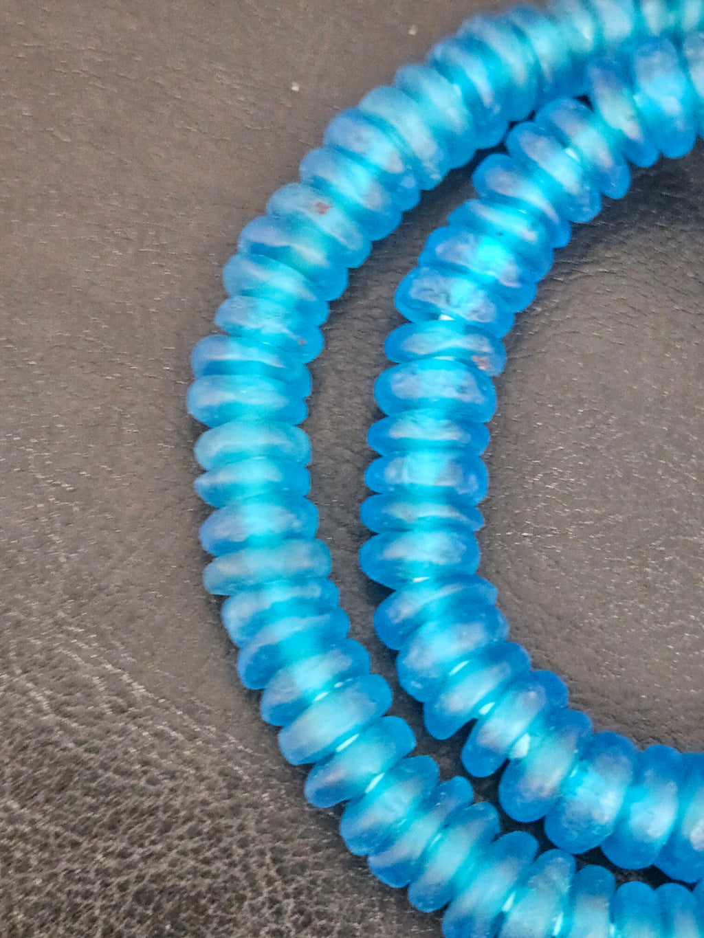 Authentic Bright Aqua Krobo Translucent Recycled Glass Rondelle Beads | Handmade in Ghana