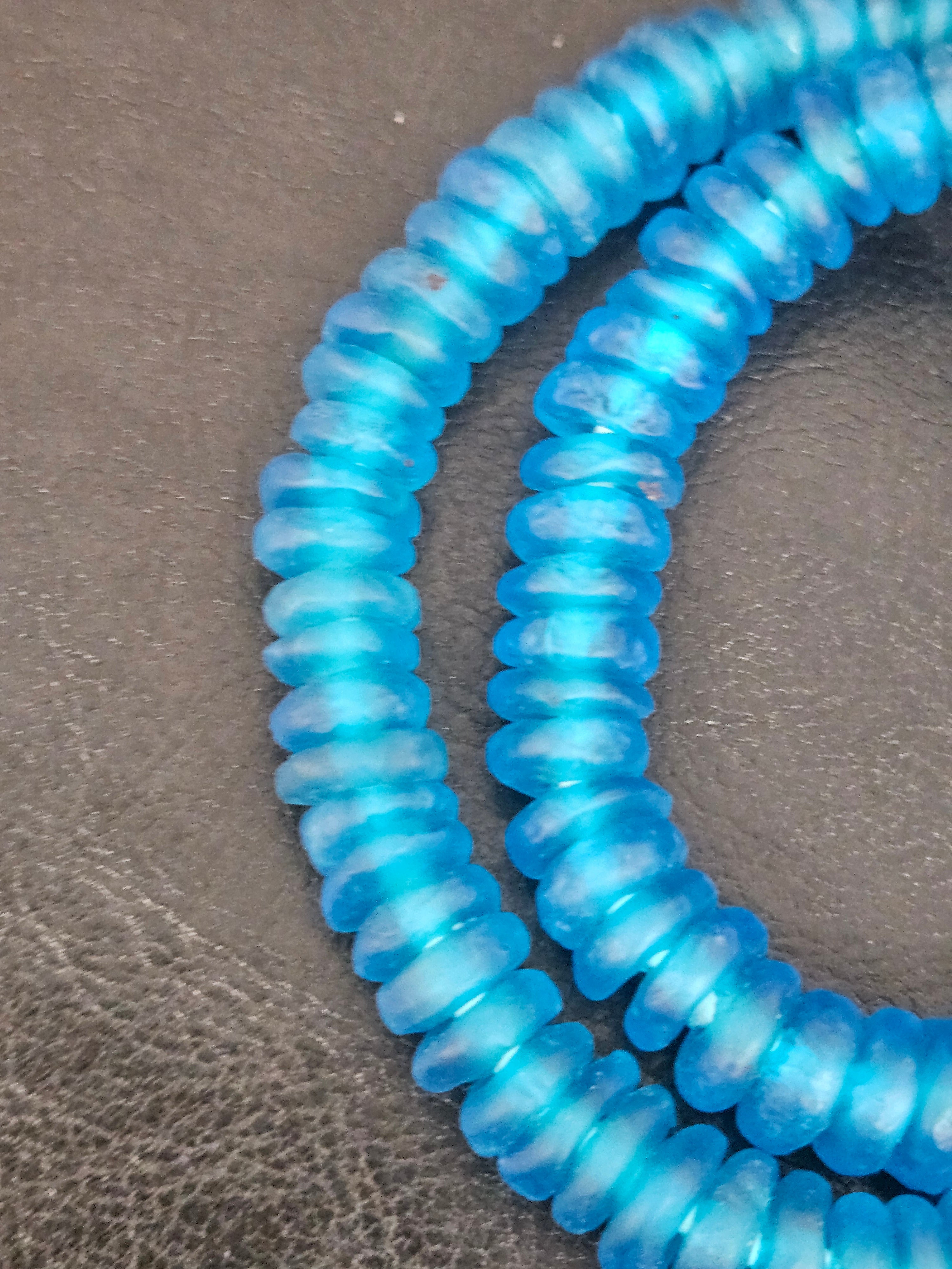 Authentic Bright Aqua Krobo Translucent Recycled Glass Rondelle Beads | Handmade in Ghana