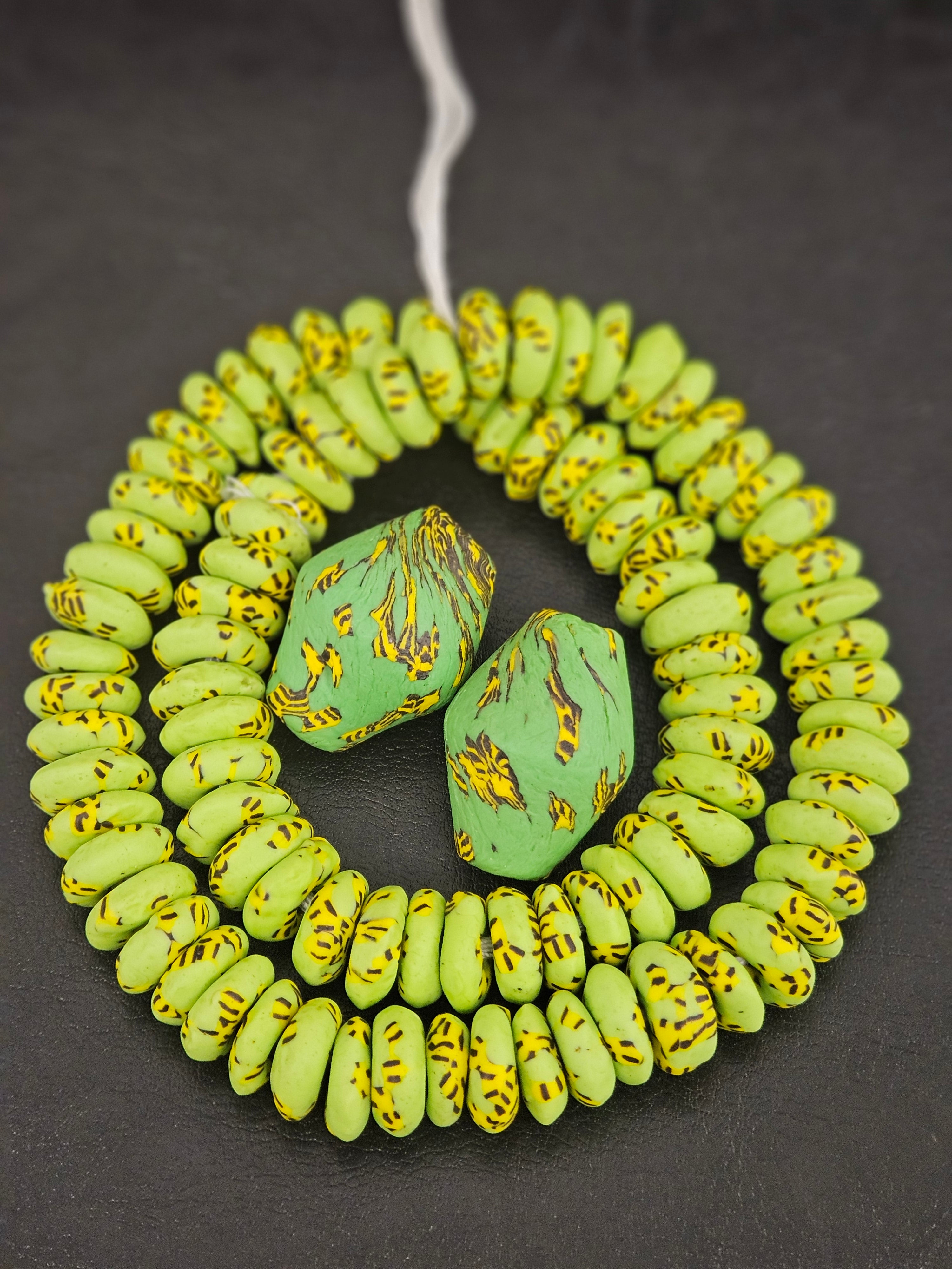 Green African Glass Beads Bundle – Krobo Rondelles + Bicone Focals