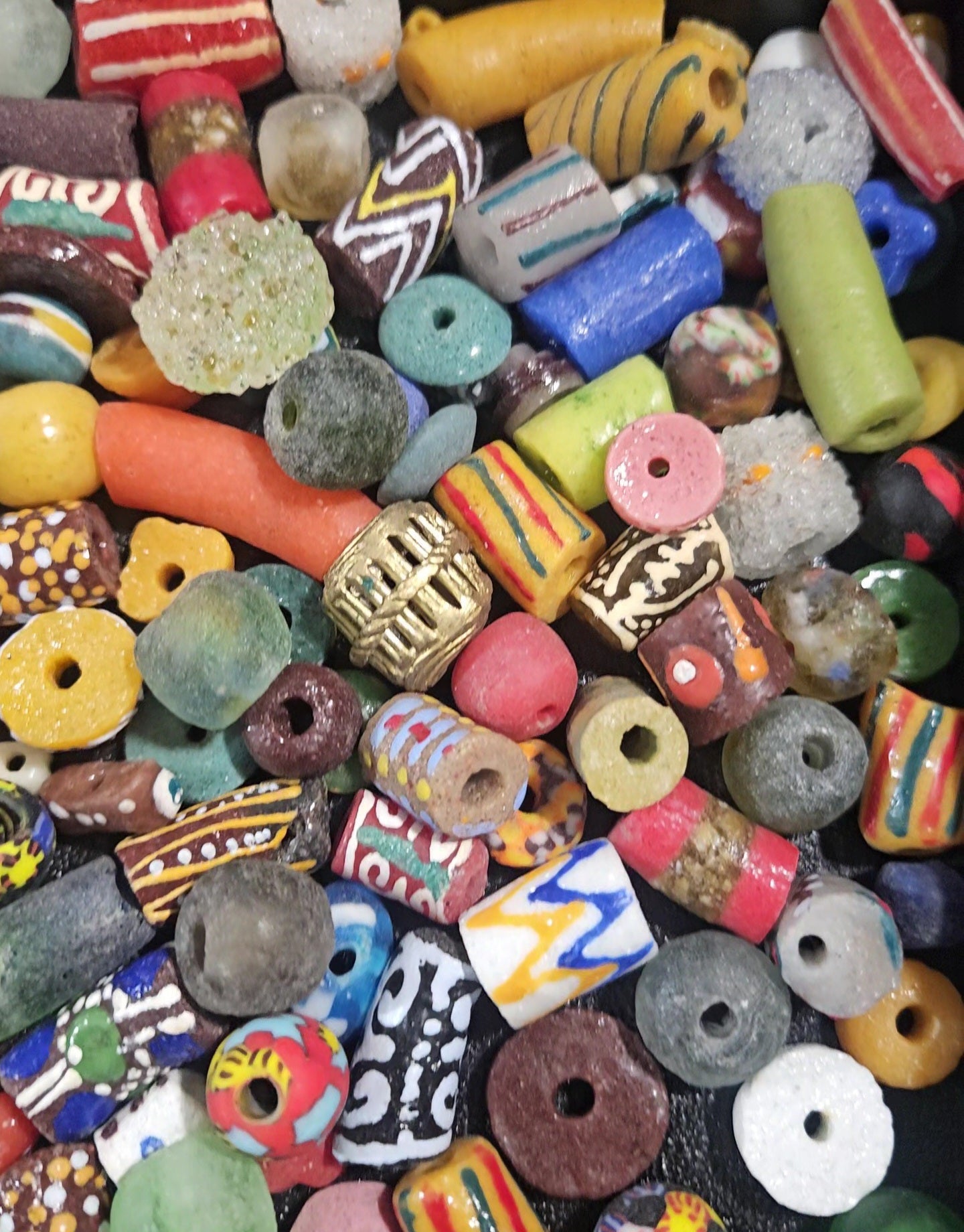 Detail photo of patterned festival-style Krobo artisan beads.